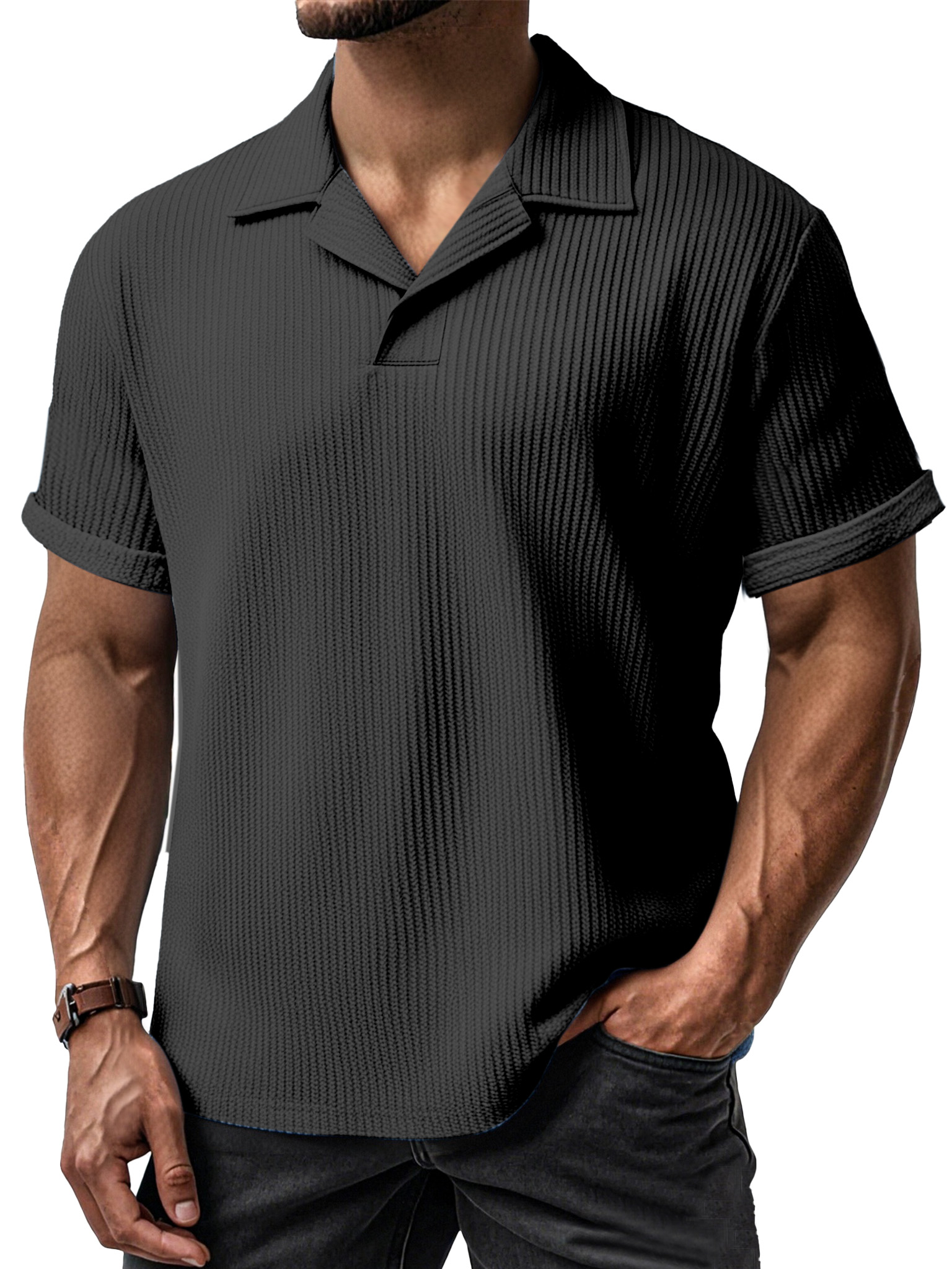 Men's Daily Simple Textured Lapel Short-sleeved Polo Shirt