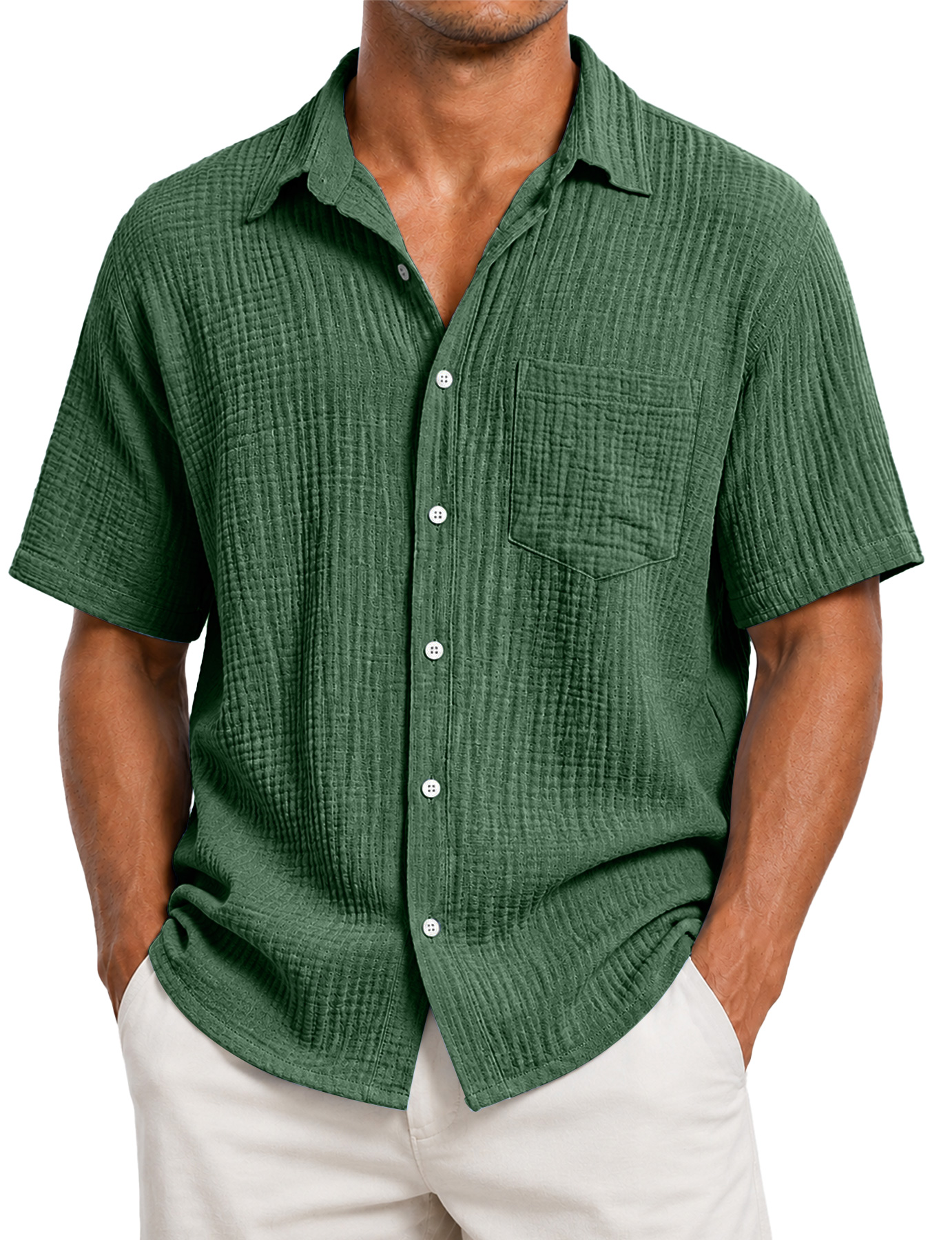 Men's Casual Solid-Color Short-Sleeve Shirt with Textured Pleats and Pocket