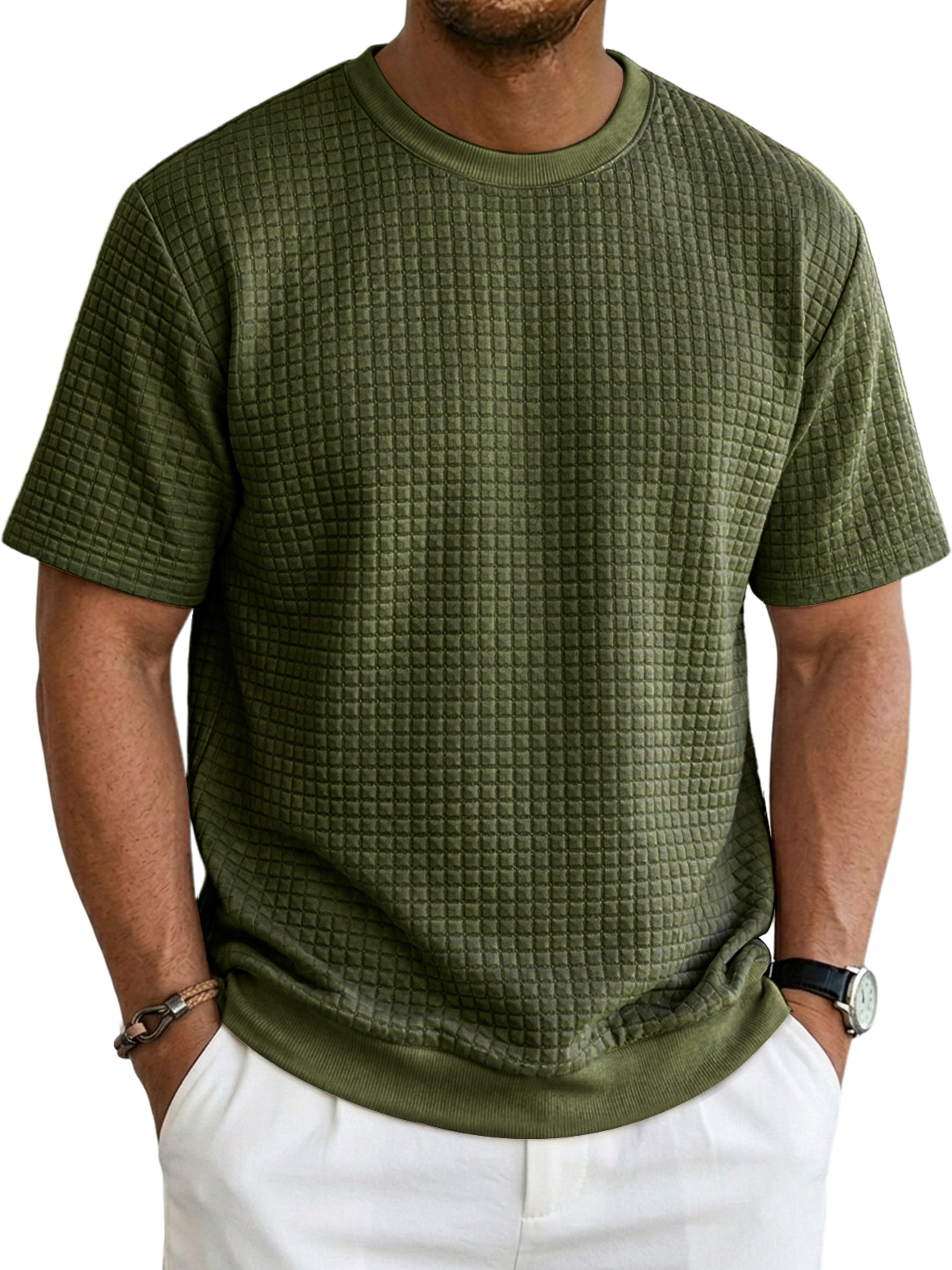 Men's Casual Waffle Knit Crew Neck Comfortable Short Sleeve T-Shirt