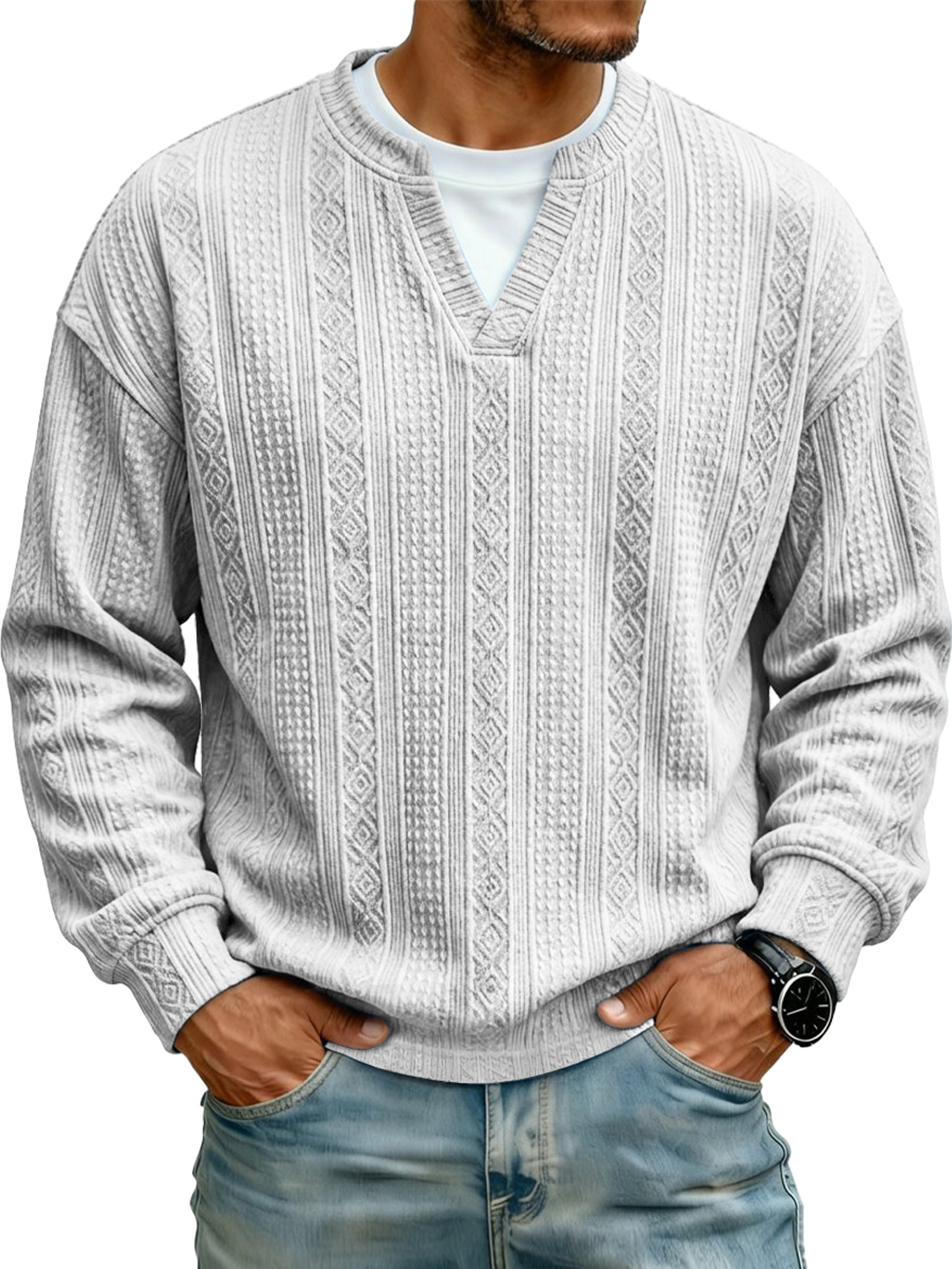 Men's Jacquard Faux Two-piece Casual Long-sleeved T-shi