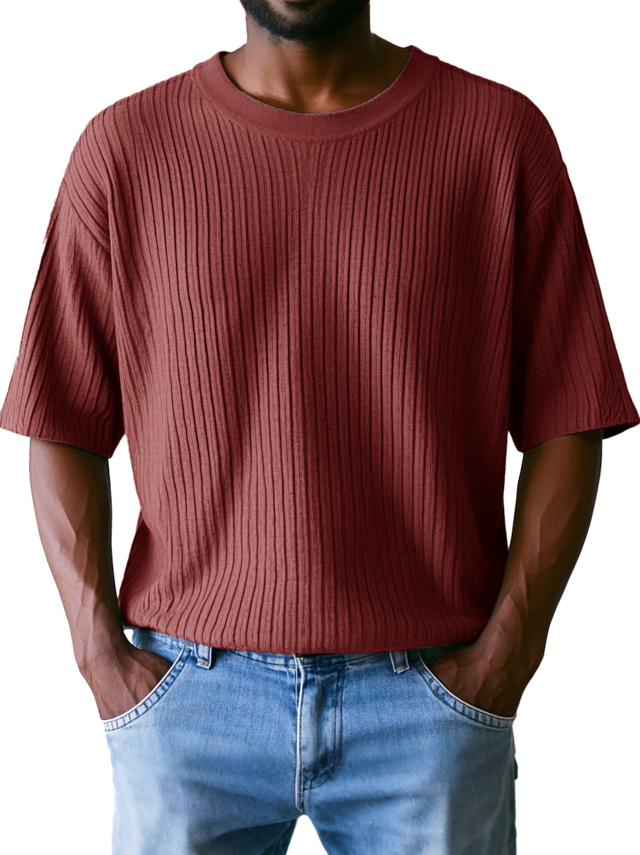 Men's Fashion Casual Ribbed Fabric Short-sleeved Round Neck T-shirt