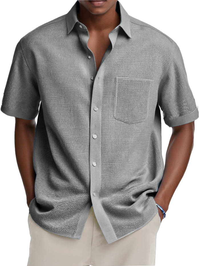 Men's Fashion Casual Retro Waffle Fabric Pocket Short-sleeved Shirt