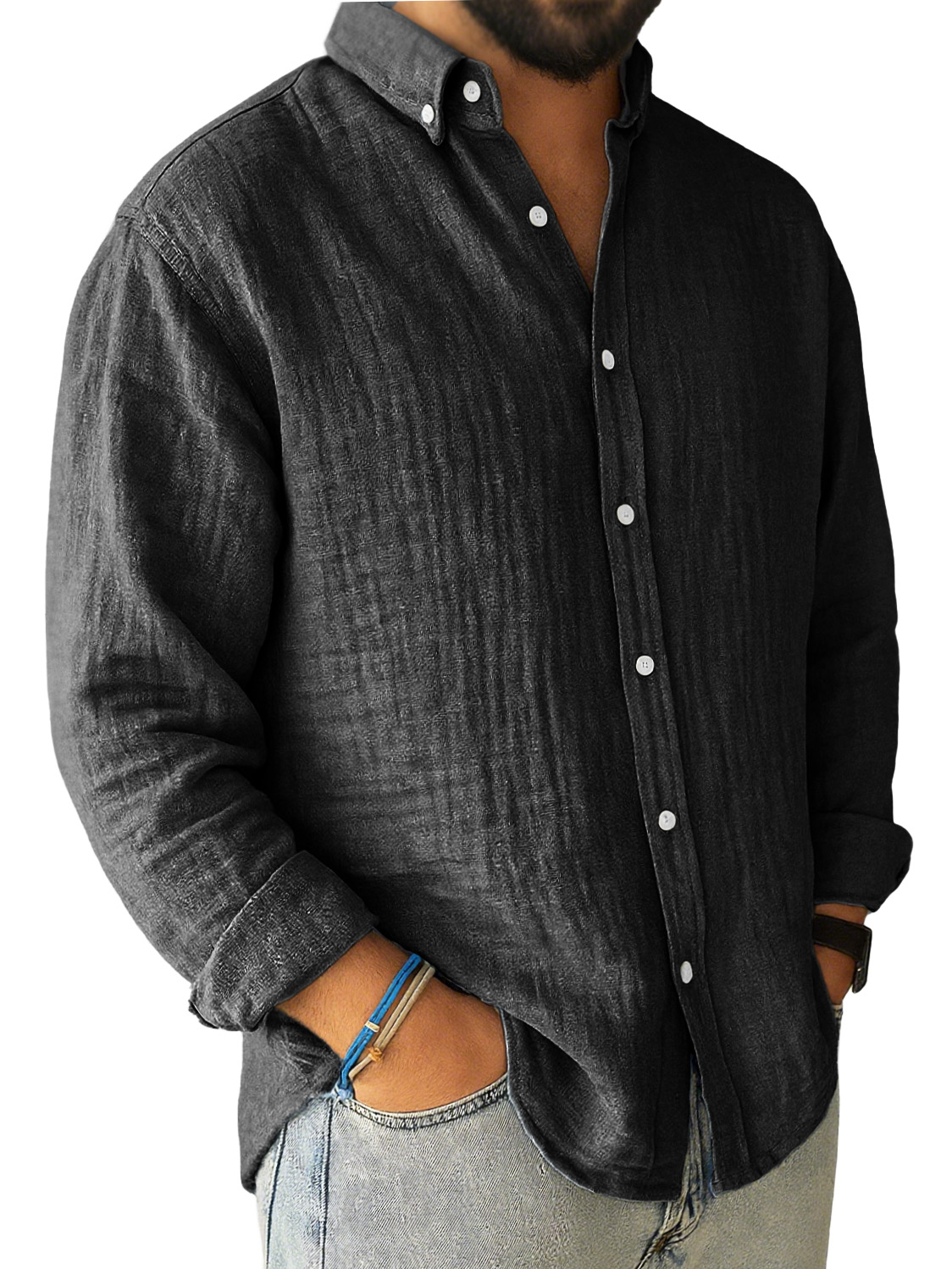 Men's Casual Pleated Loose-fitting Long-sleeved Lapel Shirt