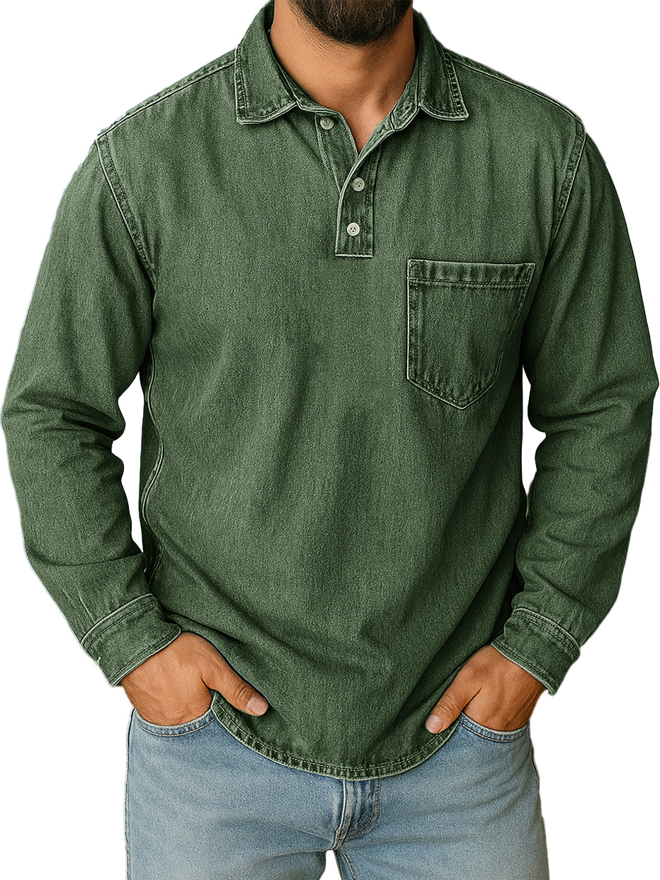 Men's Stylish Vintage Distressed Pocket Lapel Long-sleeved Polo Shirt