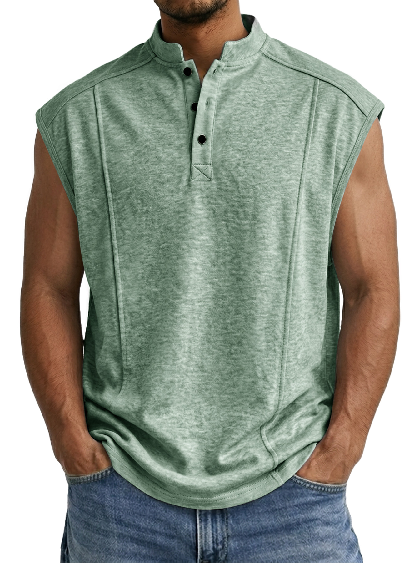 Men's Casual Stand Collar Button Deconstructed Design Solid Color Sleeveless Vest