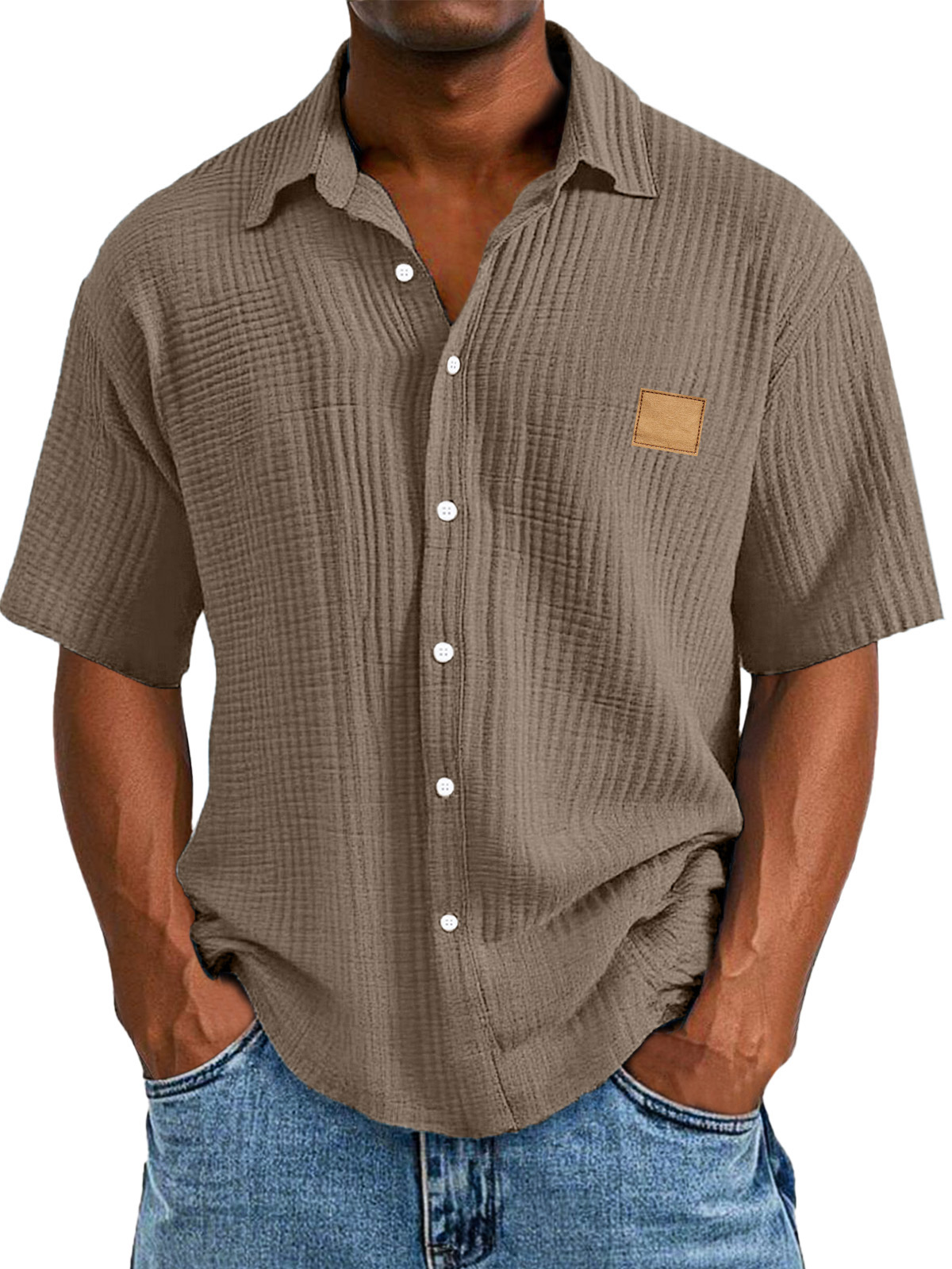Men's Casual Retro Textured Logo Short Sleeve Lapel Shirt