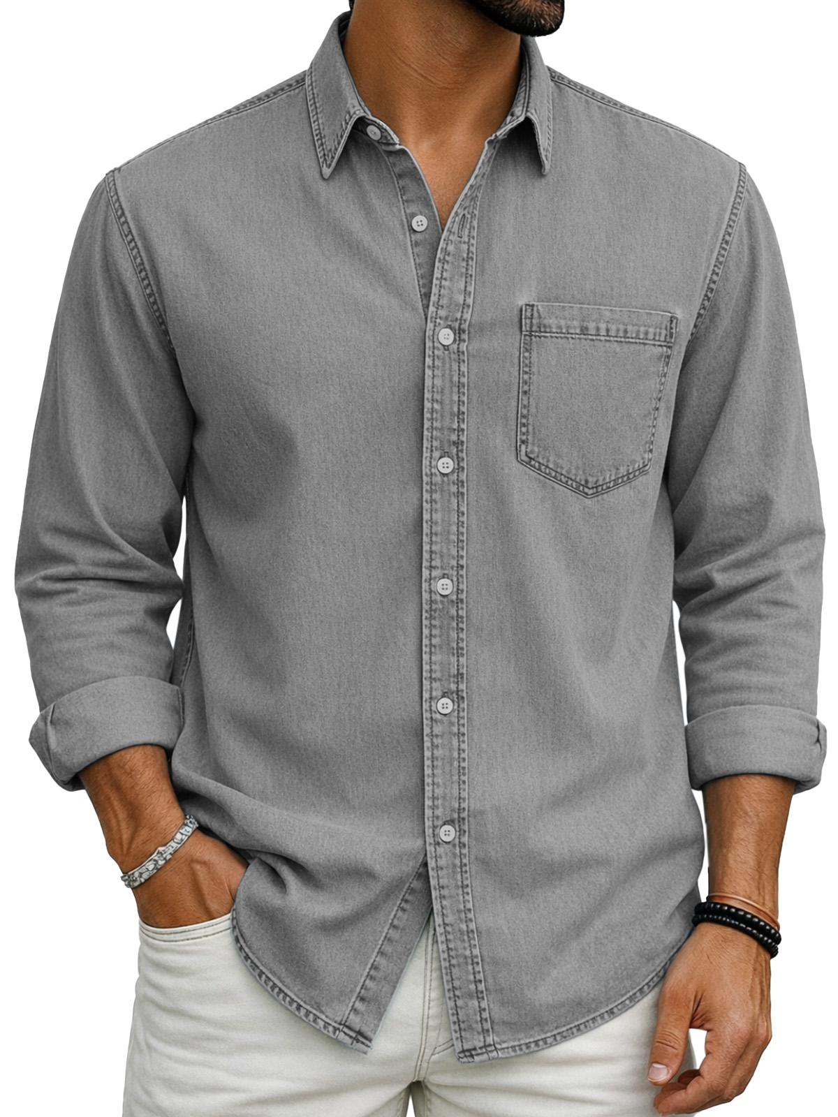 Retro Casual Simple Solid Color Long-Sleeve Polo Shirt with Chest Pocket