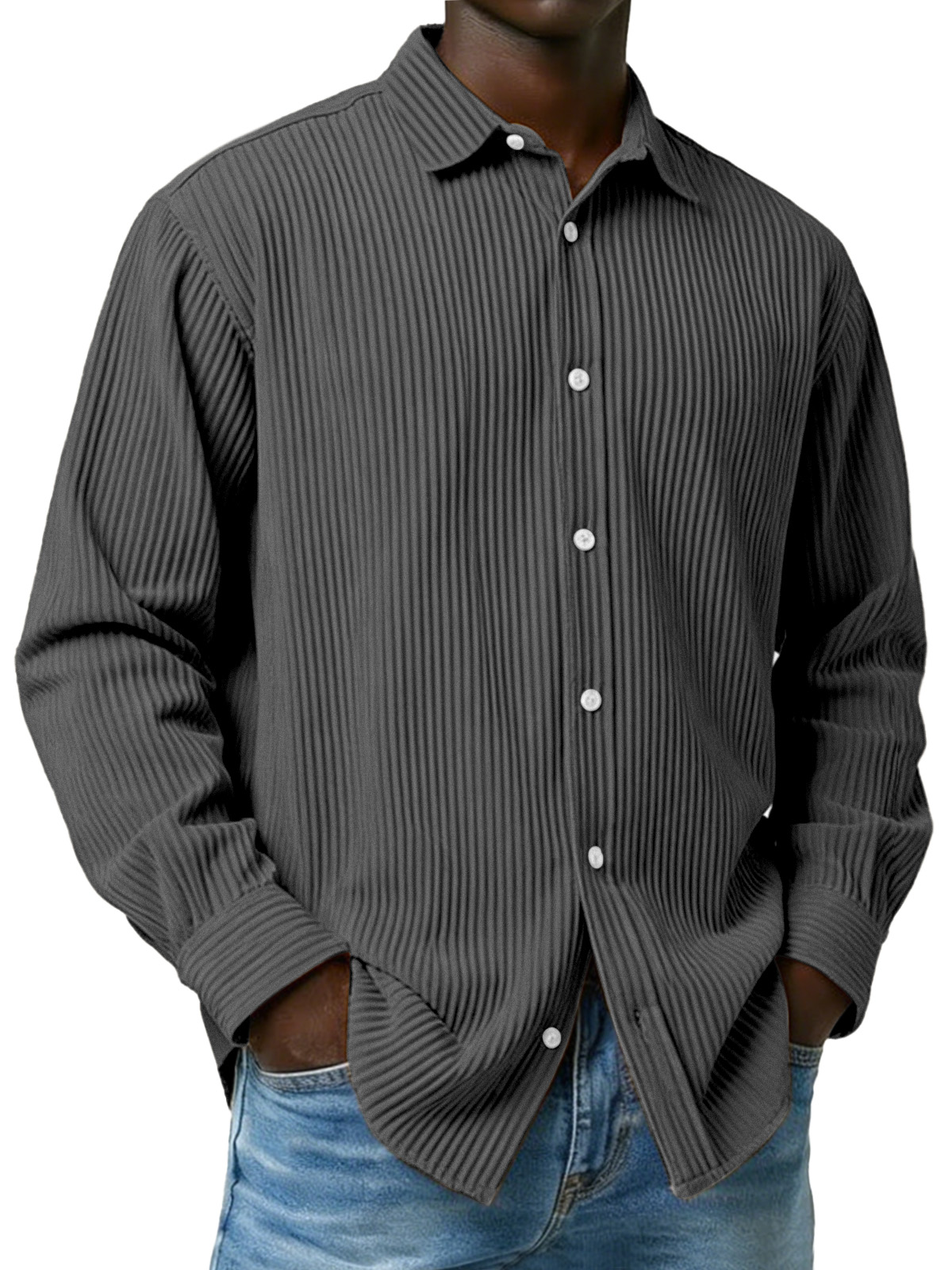 Men's Simple Solid Color Ribbed Long-sleeved Collared Shirt