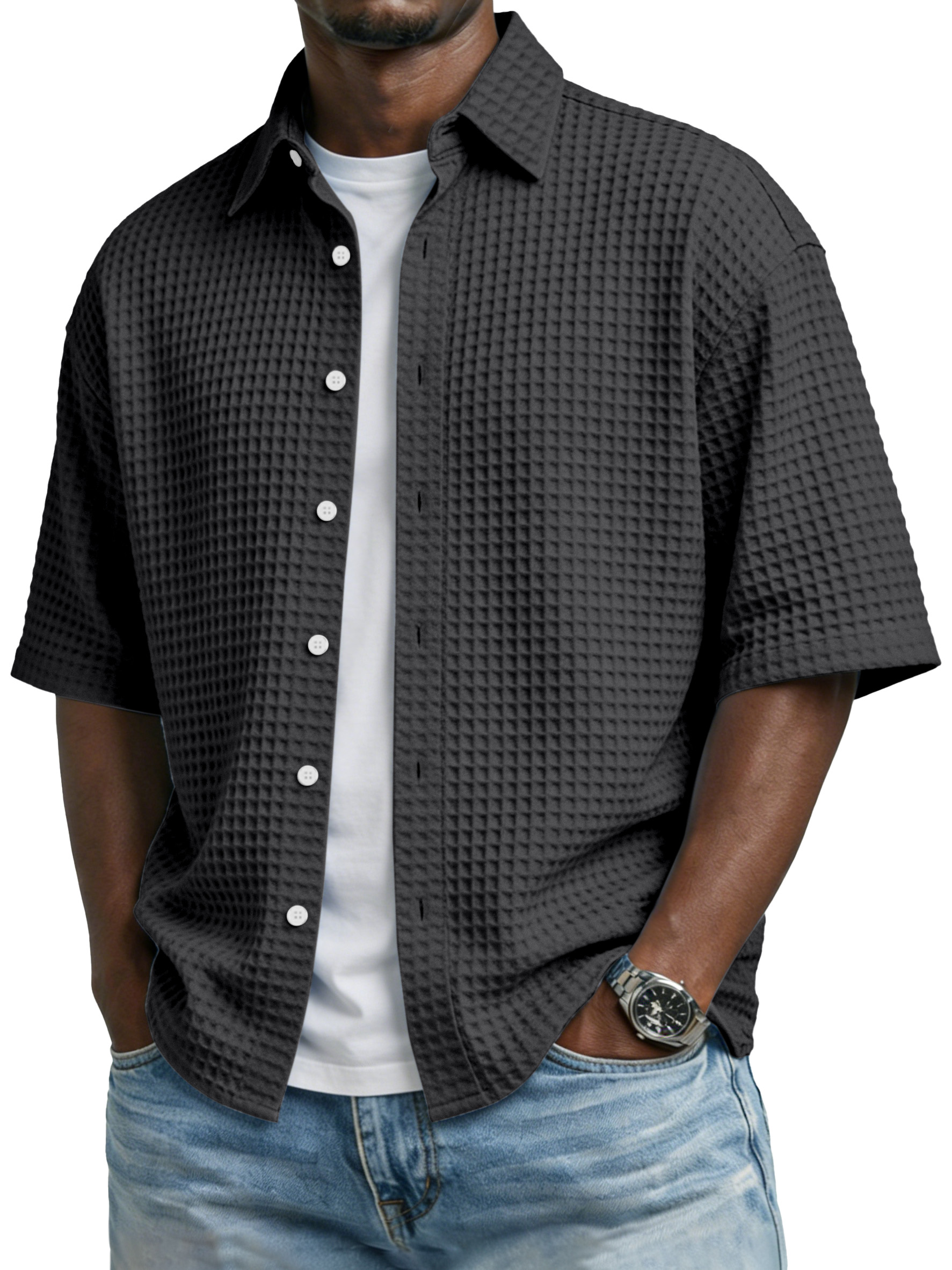 Men's Simple Solid-color Waffle-knit Lapel Casual Short-sleeved Shirt