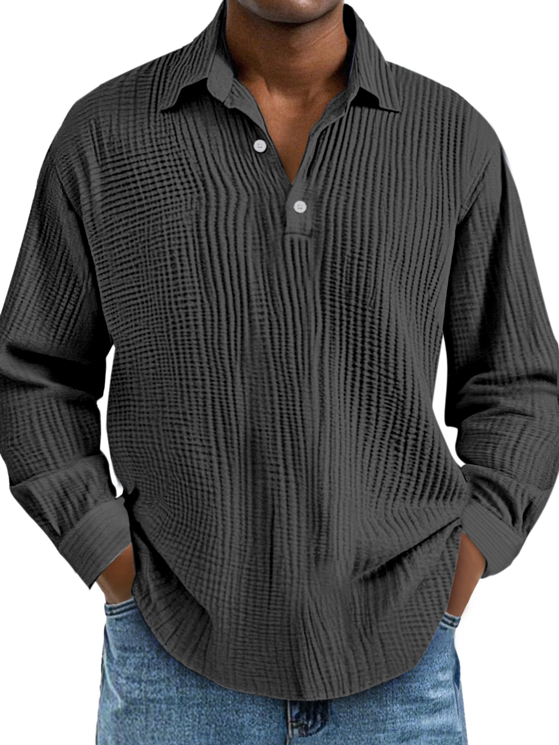 Men's Casual Daily Solid Color Pleated Texture Long-sleeved Lapel Polo Shirt