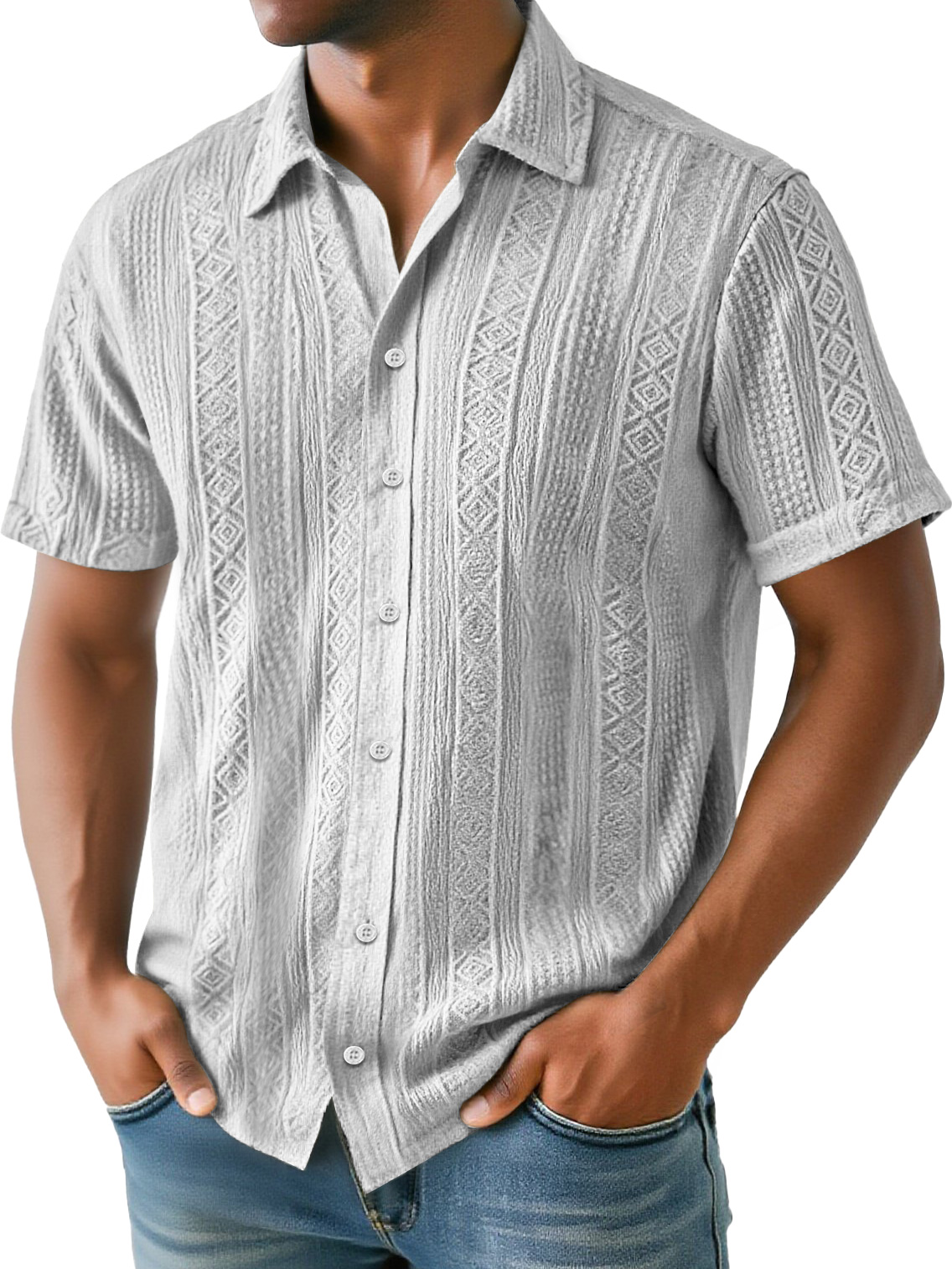 Men's Daily Simple Jacquard Texture Casual And Comfortable Solid Color Short-sleeved Shirt