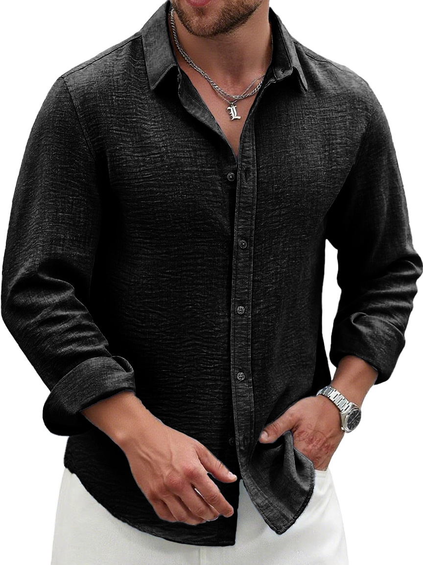 Men's Fashion Casual Pleated Fabric Lapel Long-sleeved Shirt