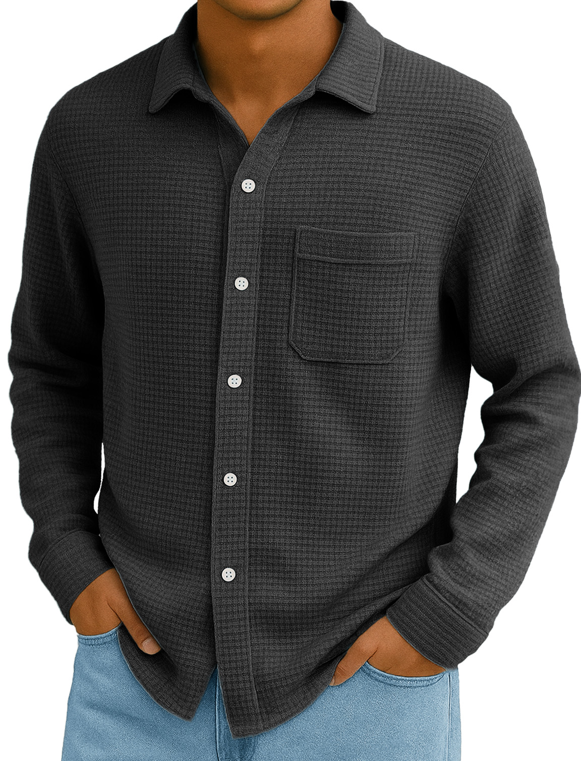 Men's Stylish Everyday Casual Waffle Fabric Pocket Lapel Long-sleeved Shirt