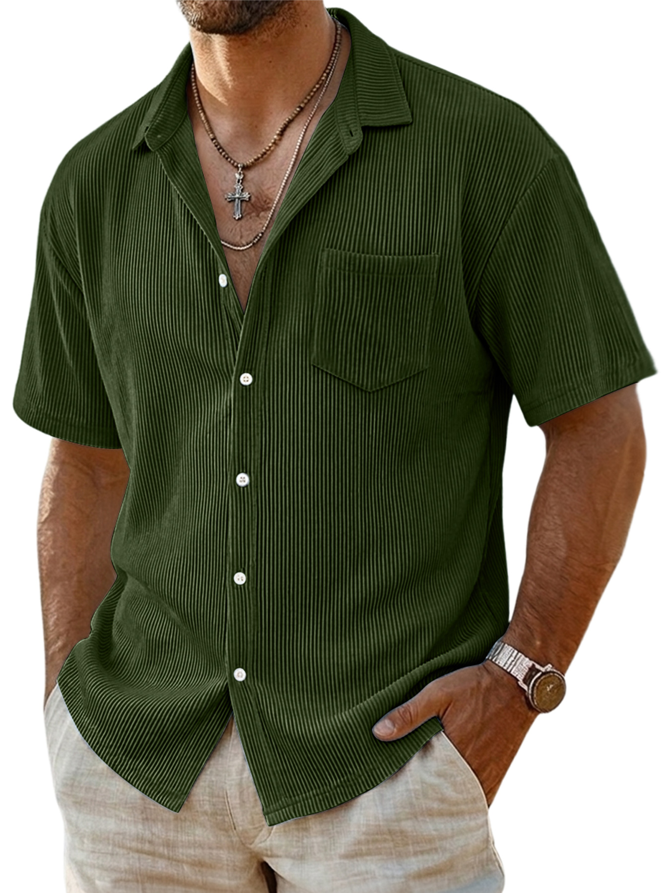 Men's Casual Ribbed Pocket Short-sleeved Shirt