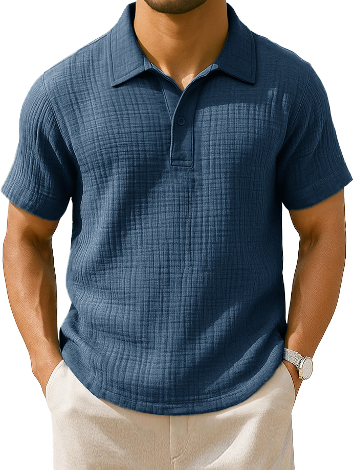 Men's Clothing Fashionable Casual Jacquard Pleated Fabric Lapel Short-sleeved Loose Polo Shirt