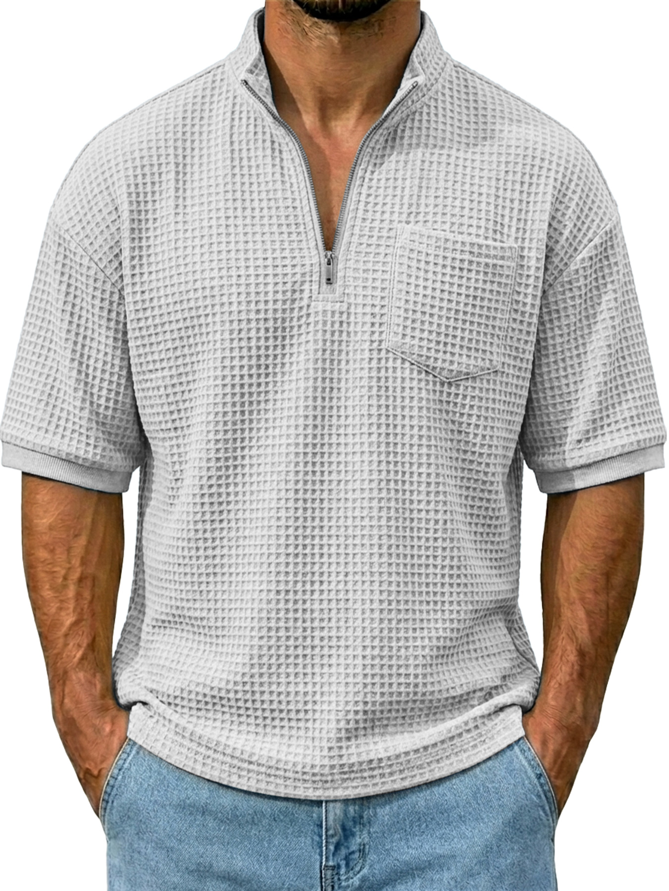 Men's Waffle Stand Collar Zipper Casual Pocket Short-sleeve T-shirt
