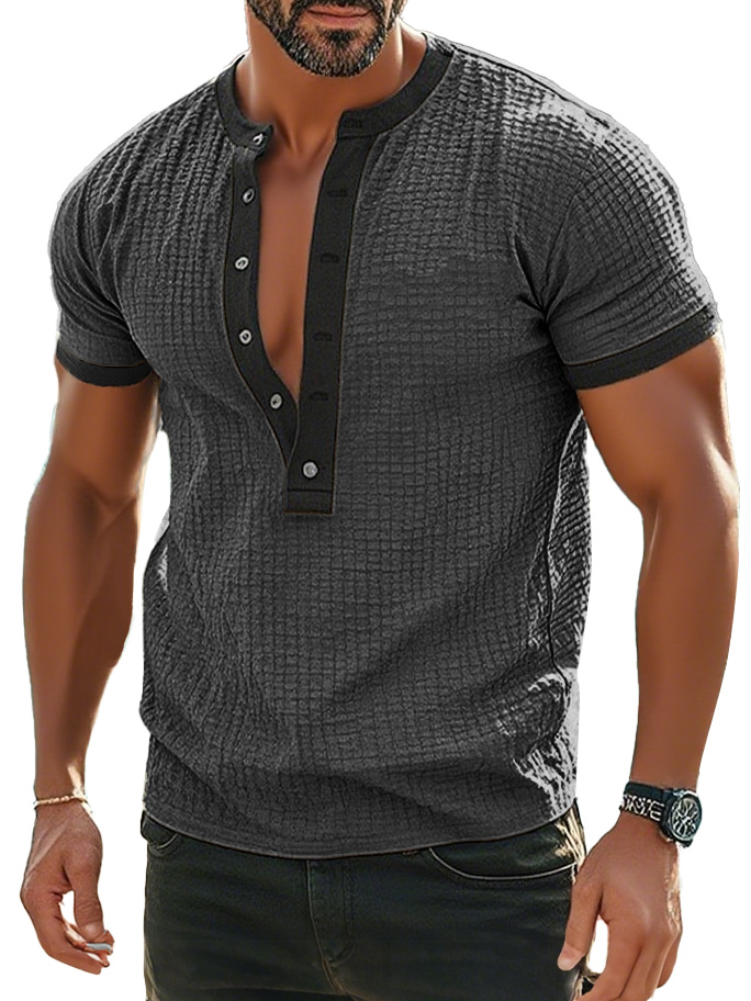 Men's Fashion Retro Textured Fabric Short-sleeved Henley Shirt