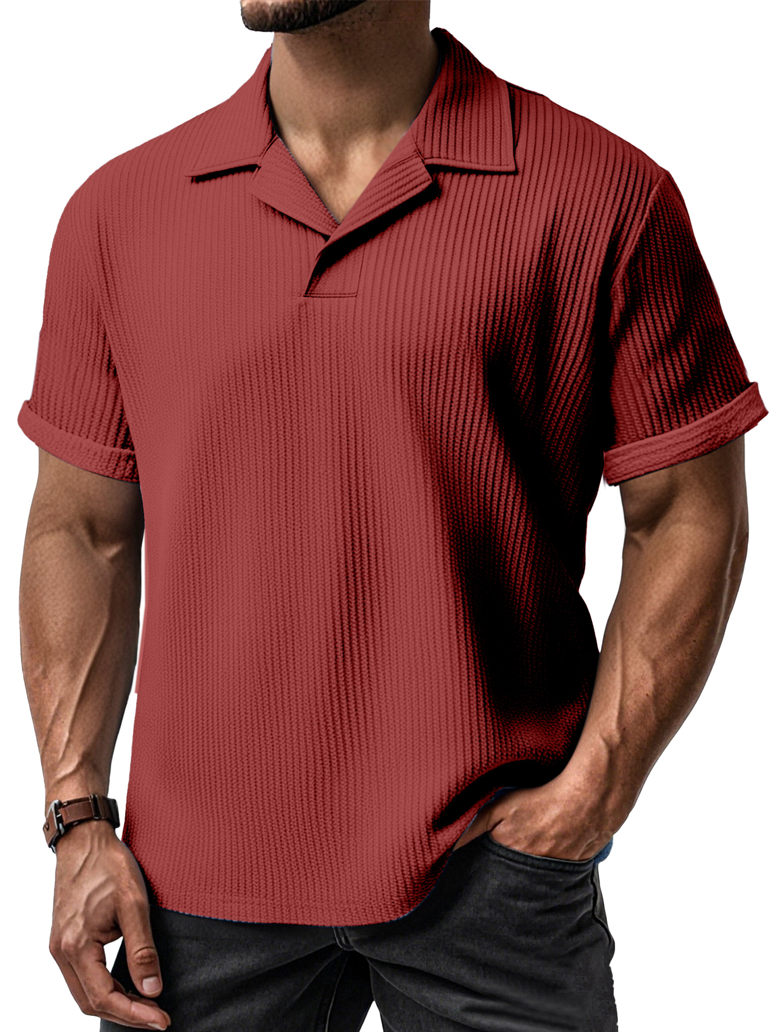 Men's Daily Simple Textured Lapel Short-sleeved Polo Shirt