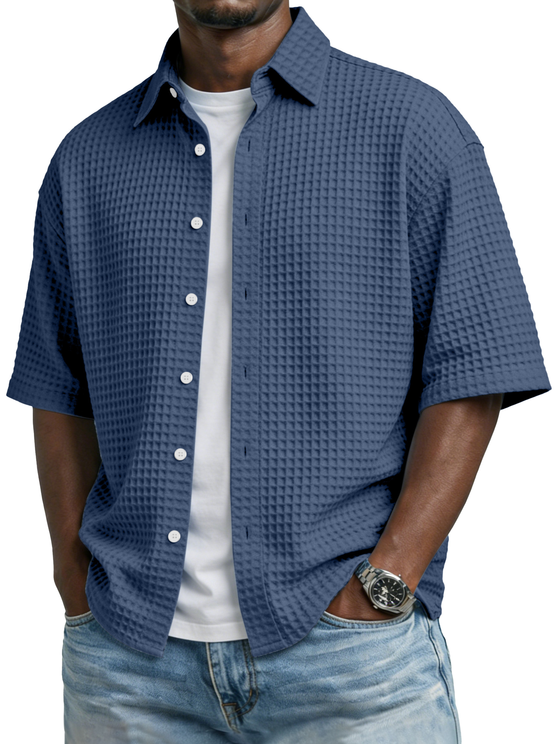 Men's Simple Solid-color Waffle-knit Lapel Casual Short-sleeved Shirt