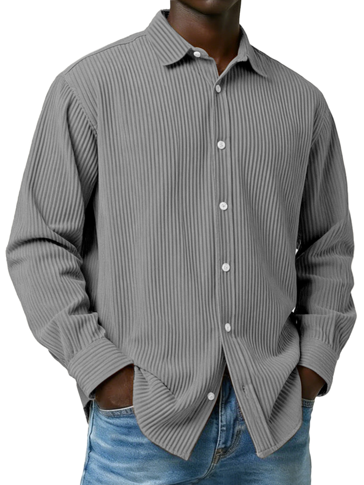 Men's Simple Solid Color Ribbed Long-sleeved Collared Shirt
