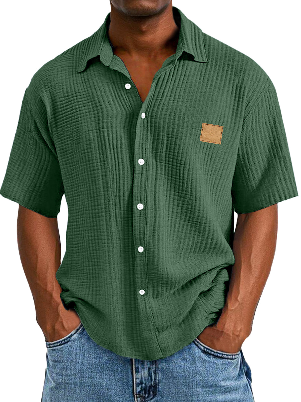 Men's Casual Retro Textured Logo Short Sleeve Lapel Shirt