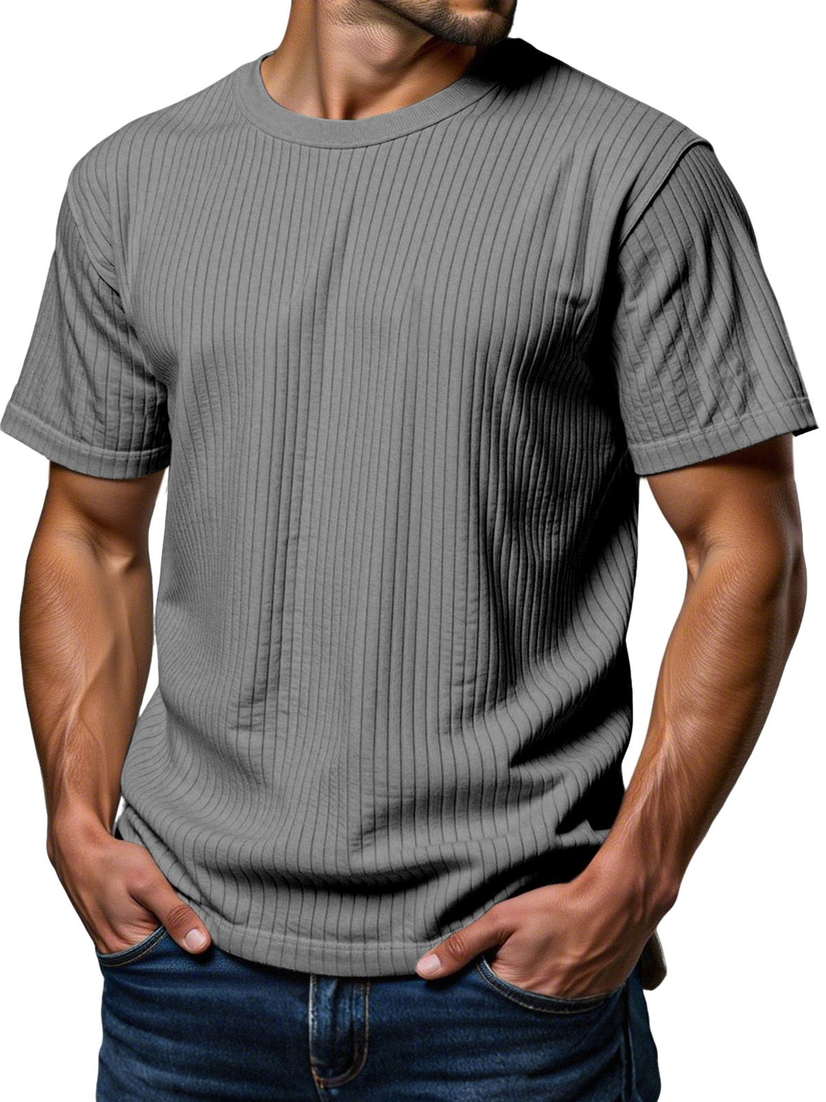 Men's Daily Loose Vertical Texture Round Neck Short-sleeved T-shirt