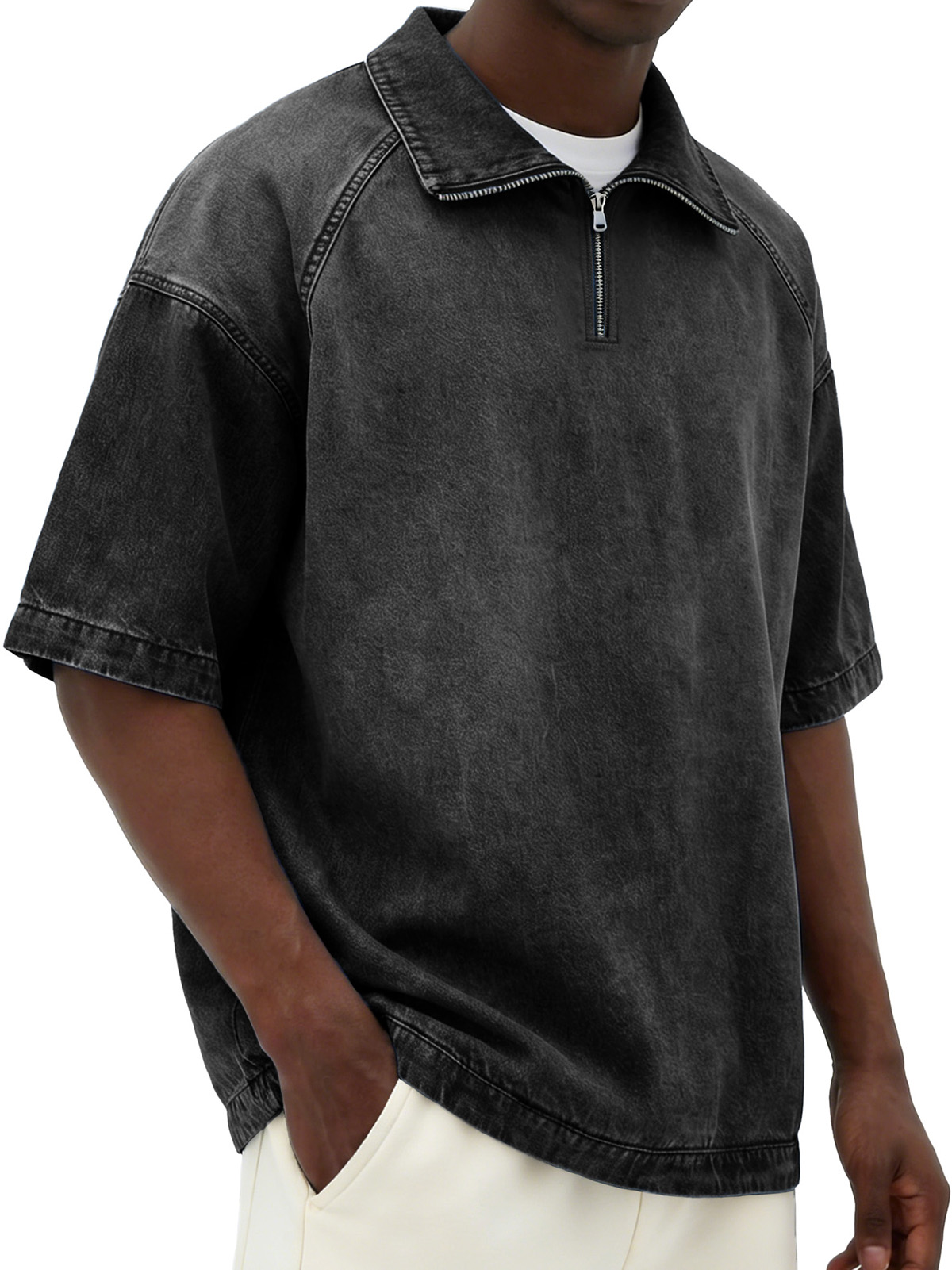 Men's Retro Distressed Zipper Raglan Collar Loose-Fit Short-Sleeve Polo Shirt