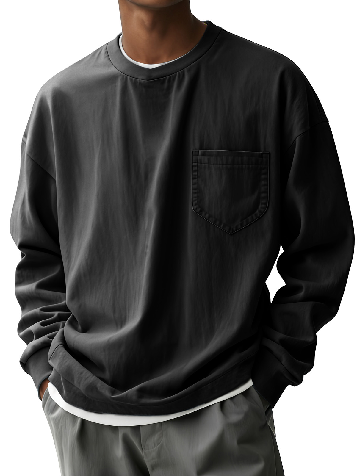 Men's Fashion Casual Pleated Fabric Round-neck Pocket Long-sleeve Top