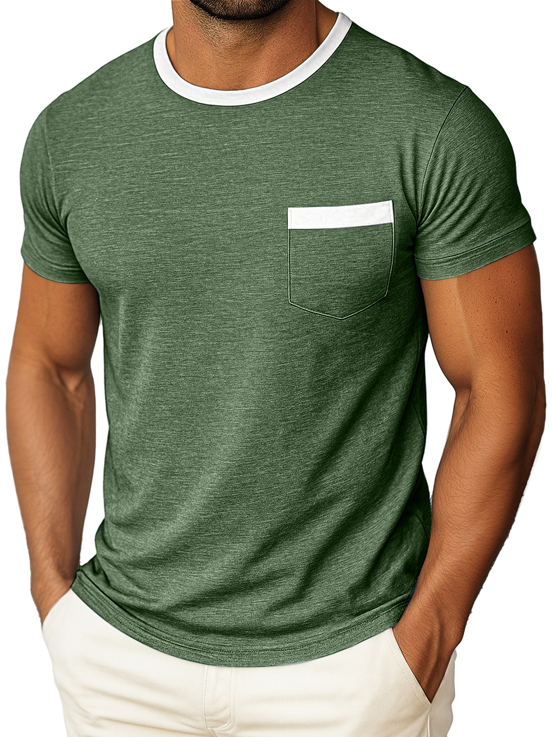 Men's Daily Round Neck Color Matching Pocket Casual Short Sleeve T-shirt