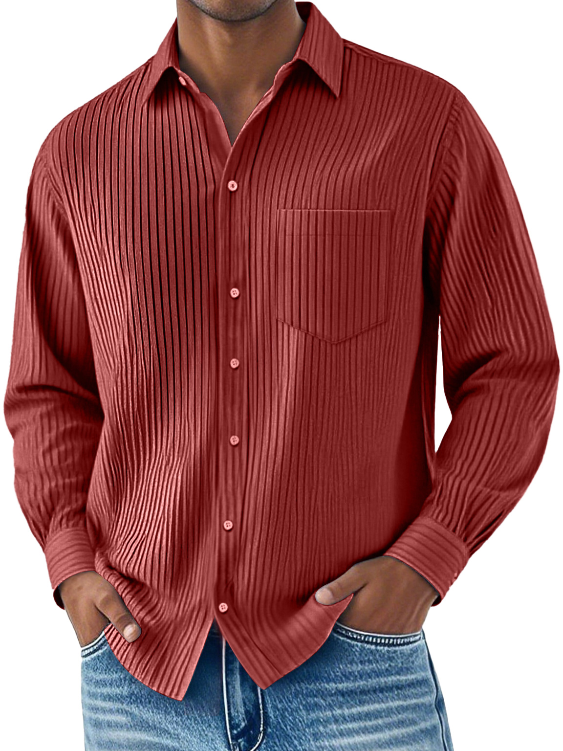 Men's Daily Ribbed Lapel Pocket Casual Long Sleeve Shirt