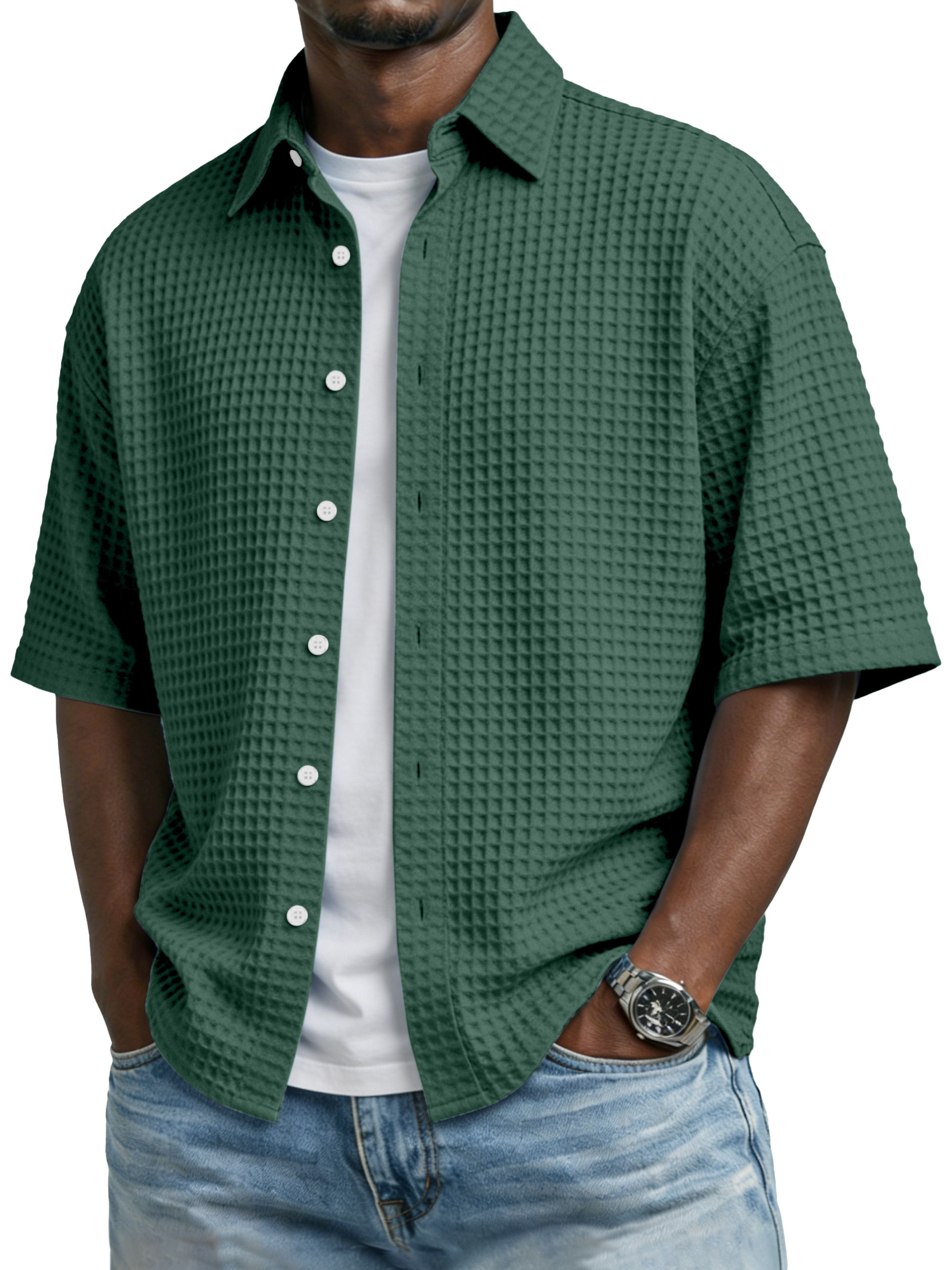 Men's Simple Solid-color Waffle-knit Lapel Casual Short-sleeved Shirt