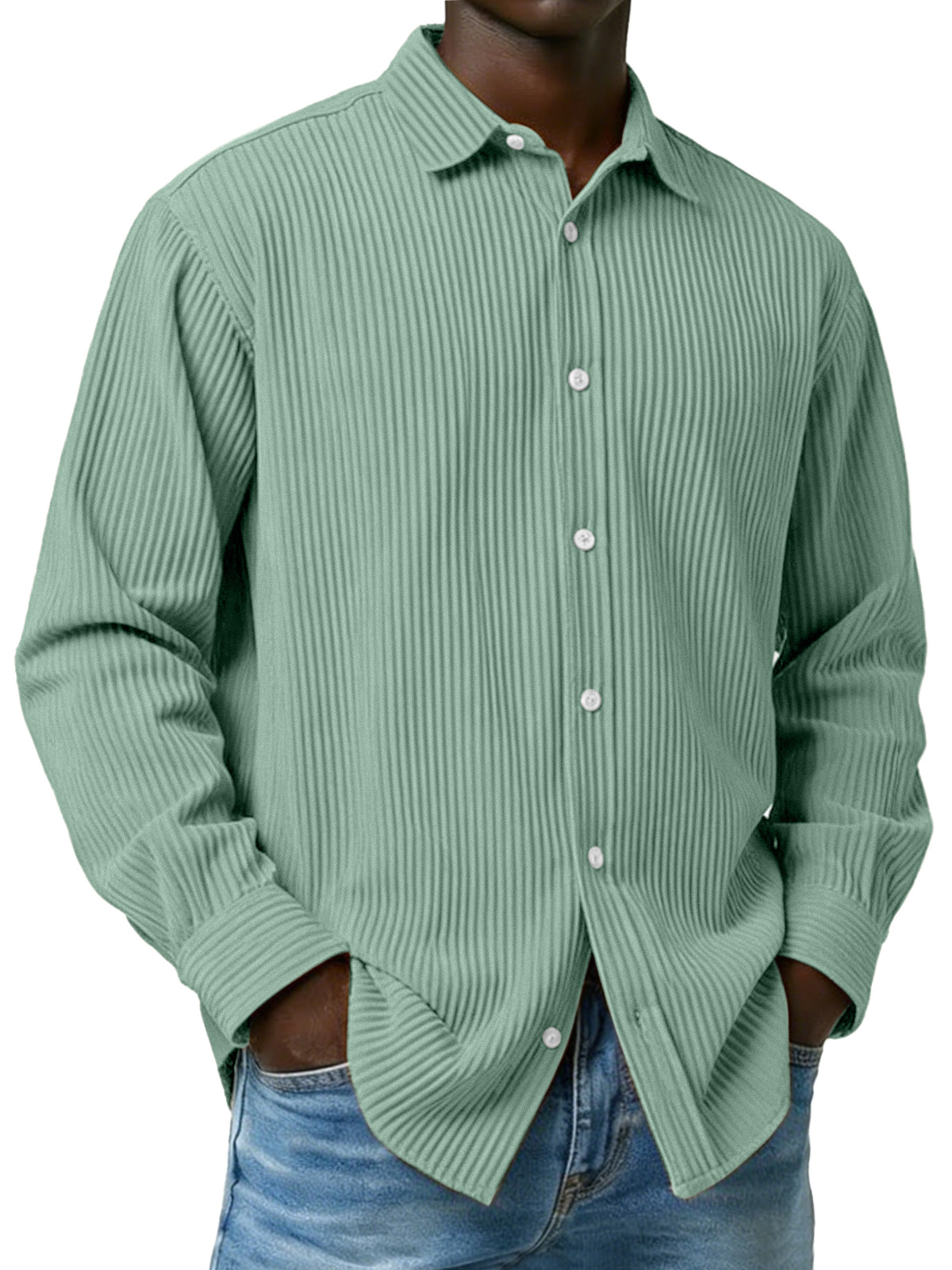 Men's Simple Solid Color Ribbed Long-sleeved Collared Shirt