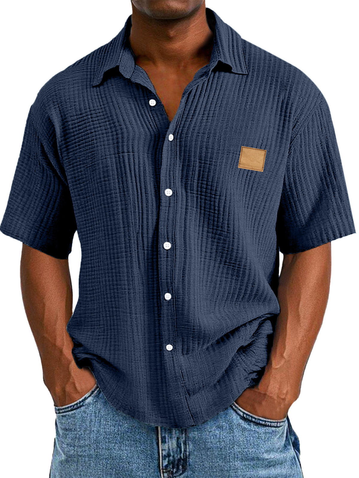 Men's Casual Retro Textured Logo Short Sleeve Lapel Shirt