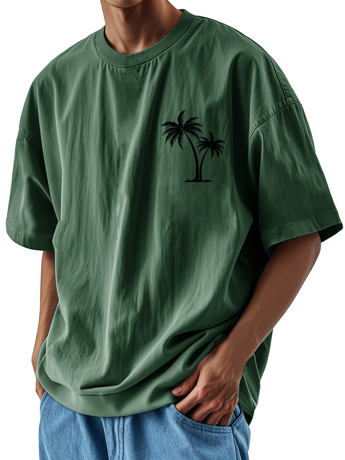 Men's Fashion Casual Loose Pocket Coconut Print Short Sleeve T-Shirt