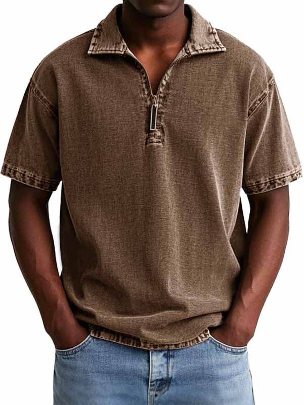 Men's Retro Distressed Zip Short Sleeve Polo Shirt