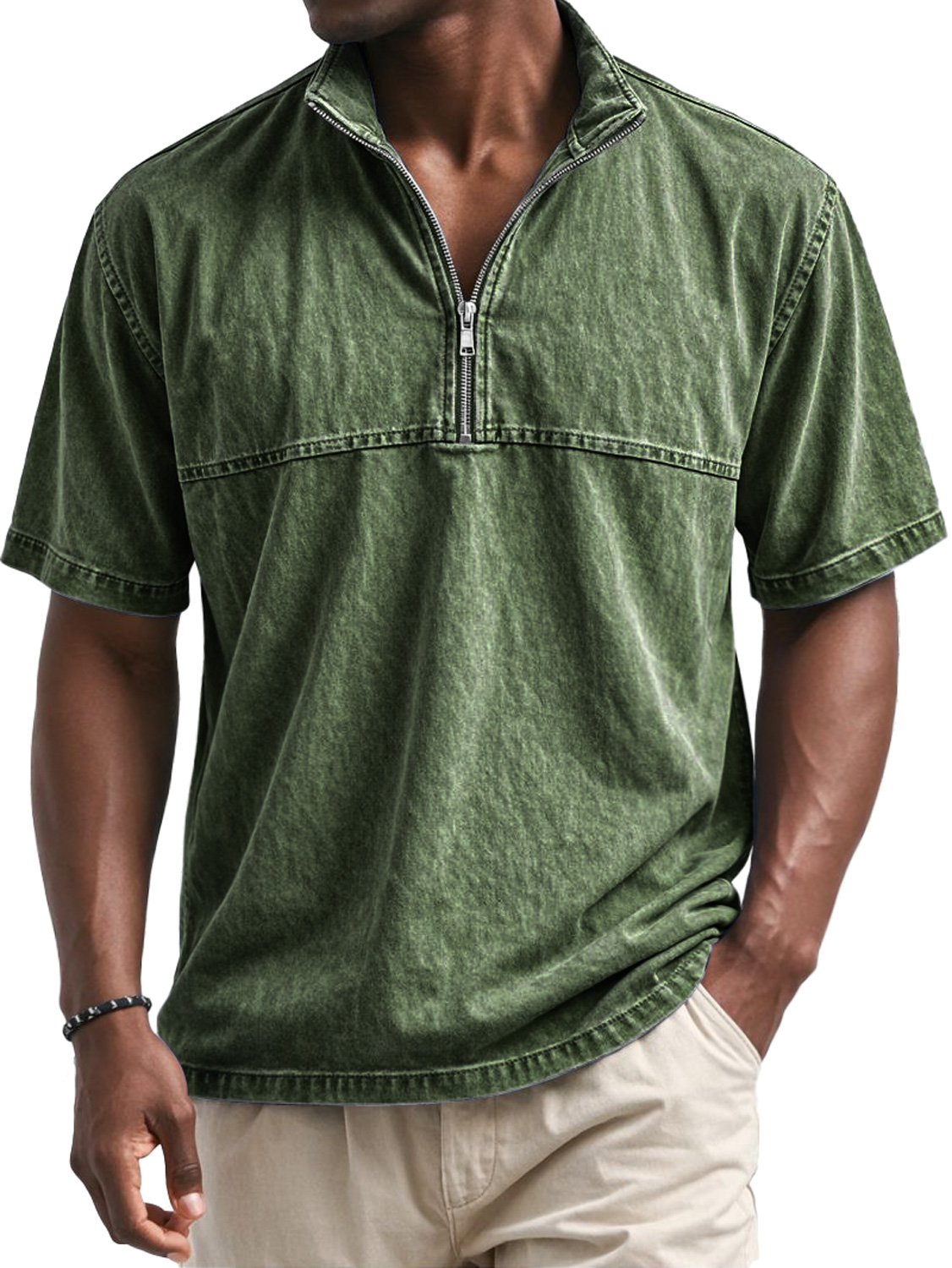 Men's Vintage Stand-collar Short-sleeved T-shirt With Zipper And Panel Design