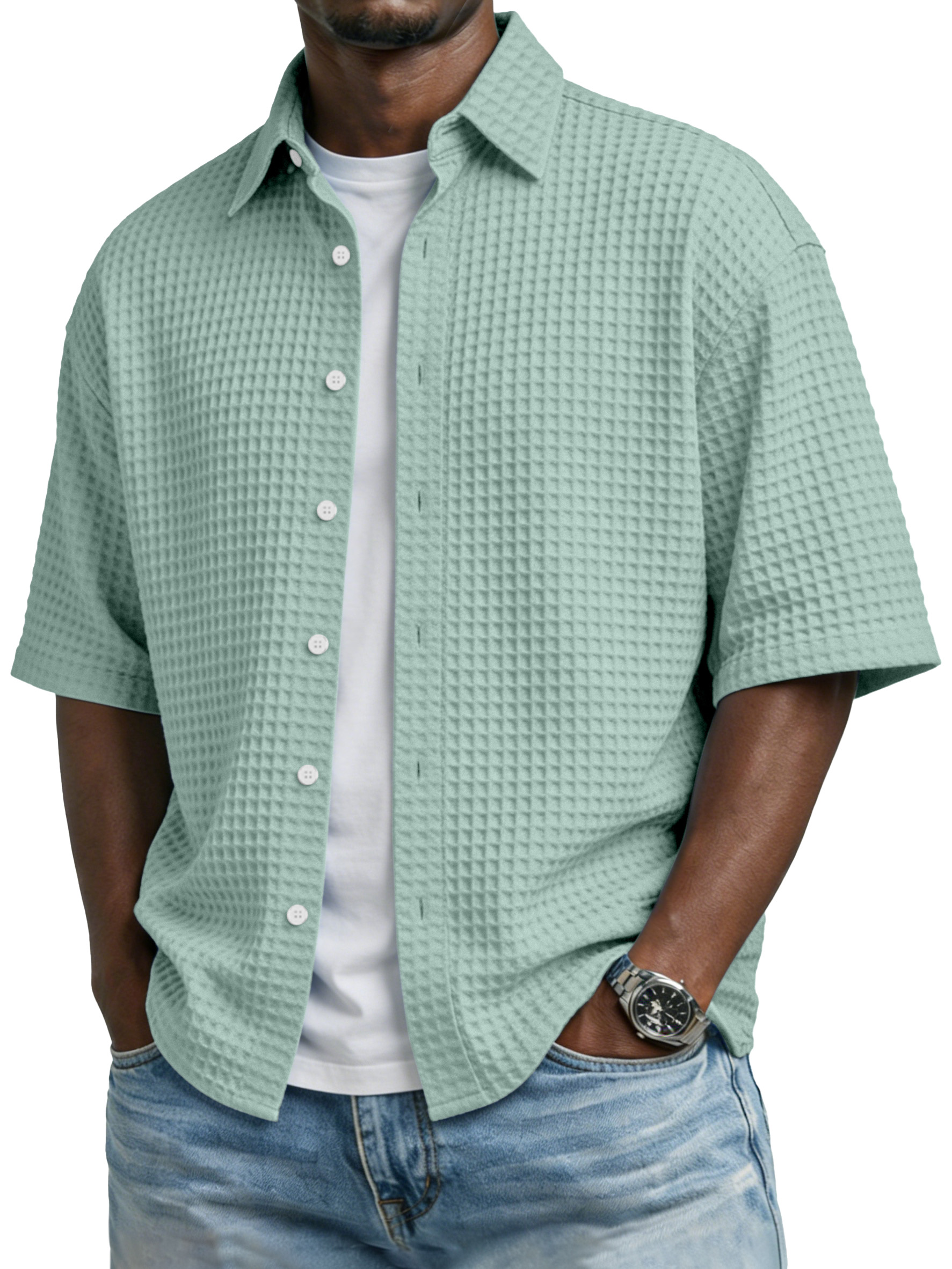 Men's Simple Solid-color Waffle-knit Lapel Casual Short-sleeved Shirt