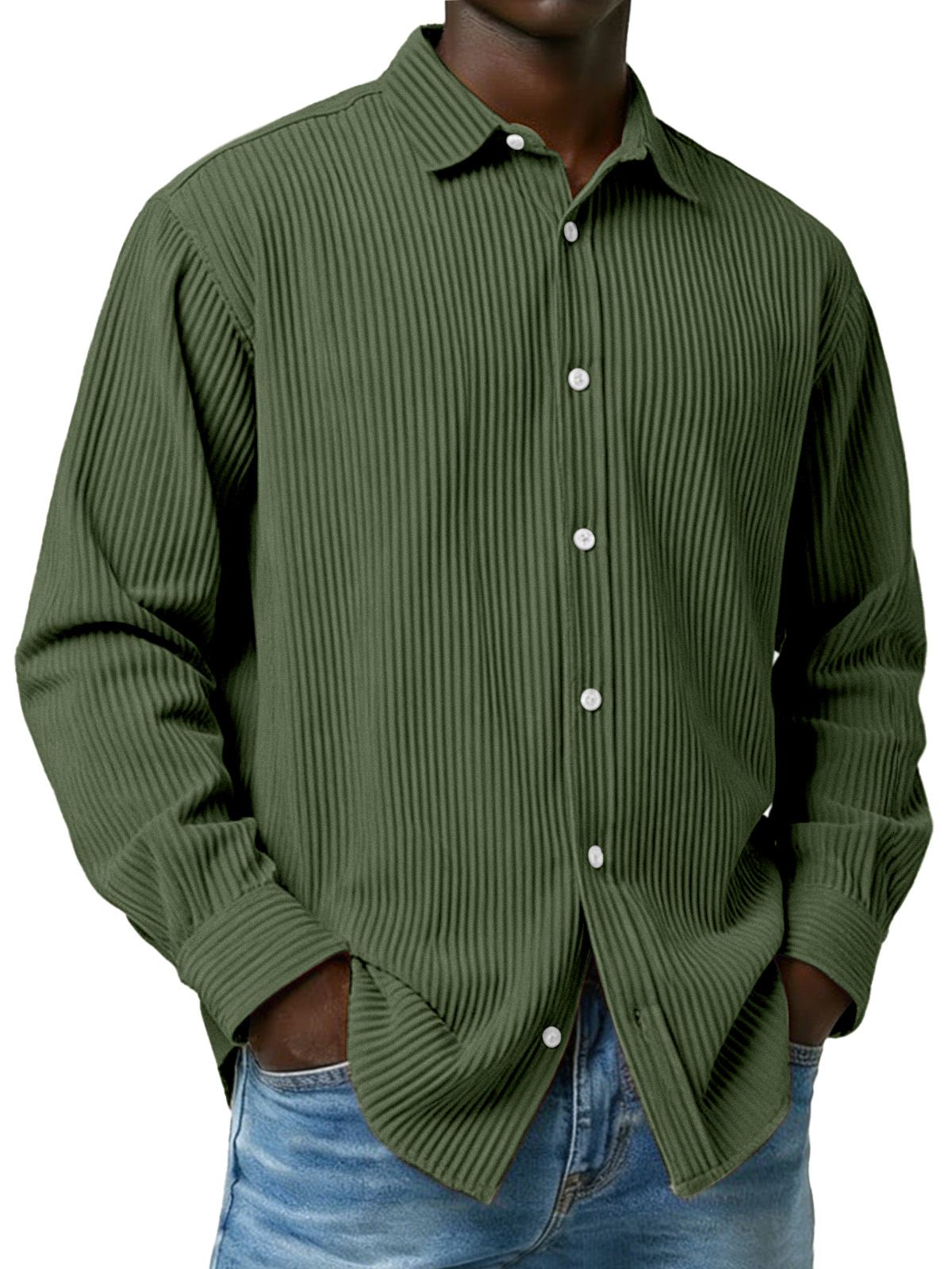 Men's Simple Solid Color Ribbed Long-sleeved Collared Shirt