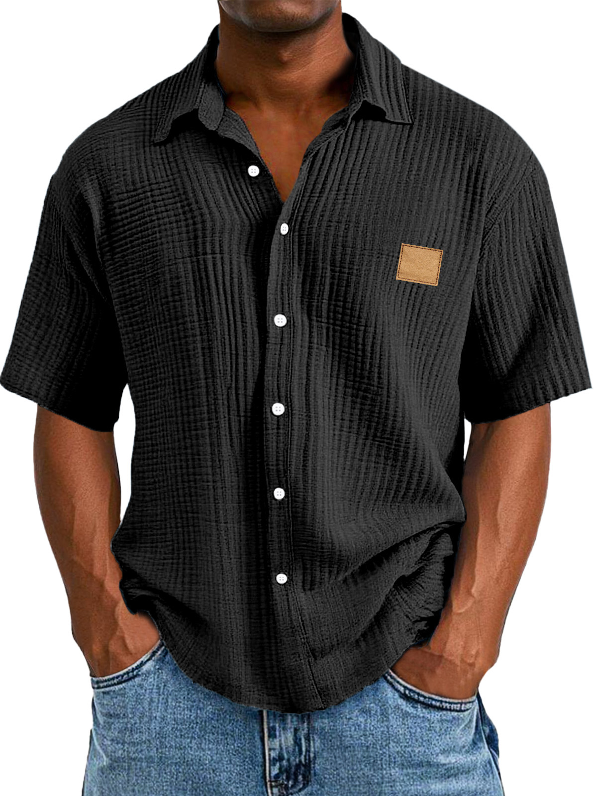 Men's Casual Retro Textured Logo Short Sleeve Lapel Shirt