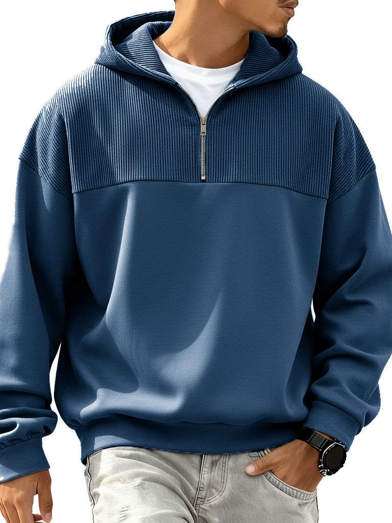 Men's Fashion Casual Patchwork Ribbed Fabric Long-Sleeve Hooded Zipper Top