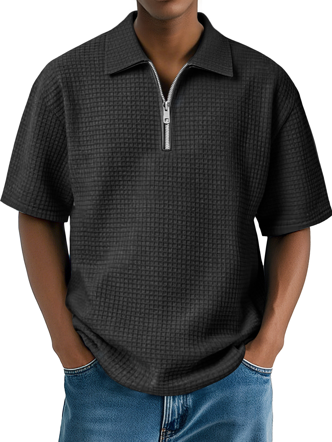 Men's Daily Waffle Lapel Zipper Casual Comfort Short Sleeve POLO Shirt