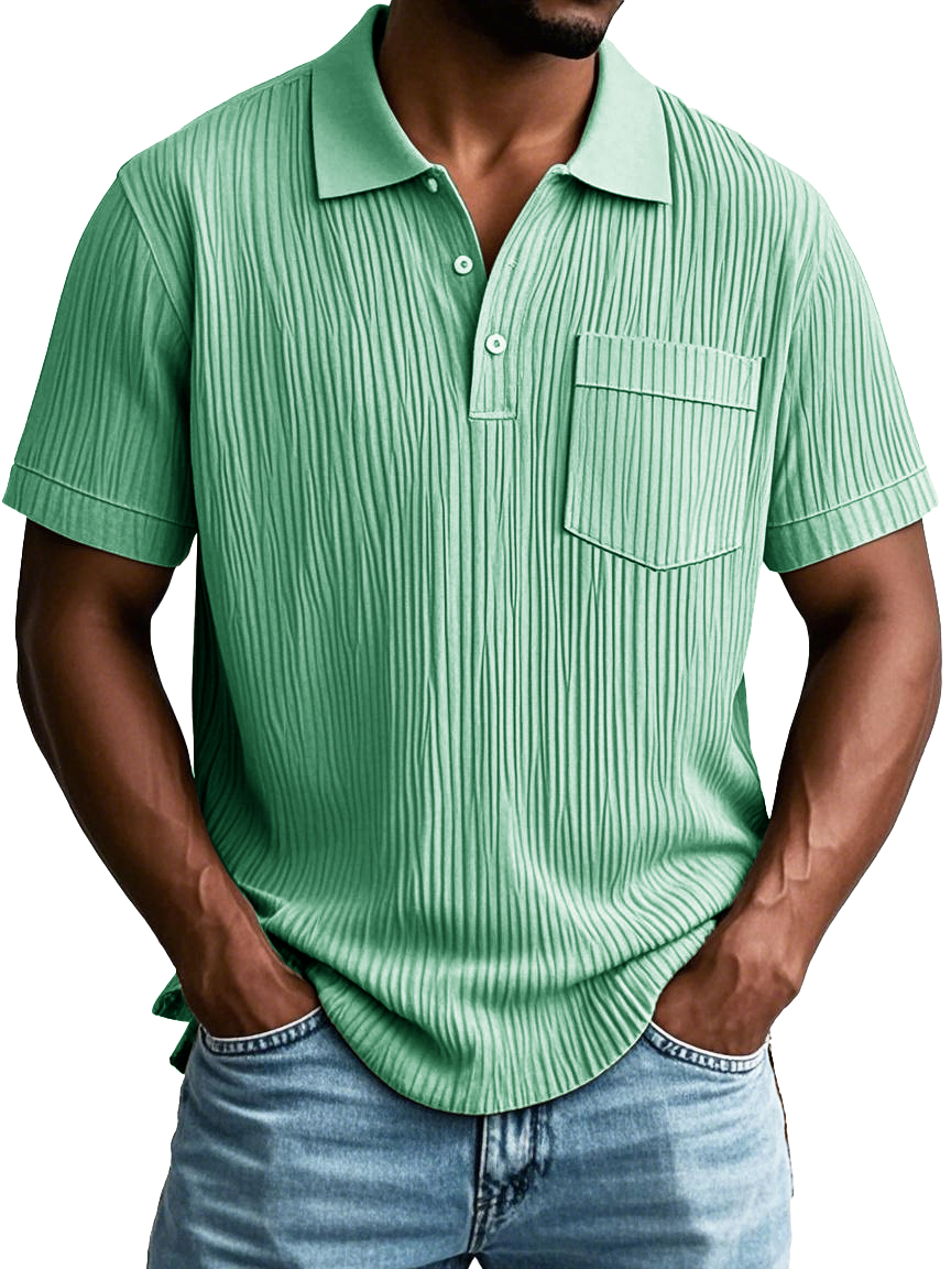 Men's Fashion Casual Striped Fabric Pocket Short Sleeve Lapel Polo Shirt