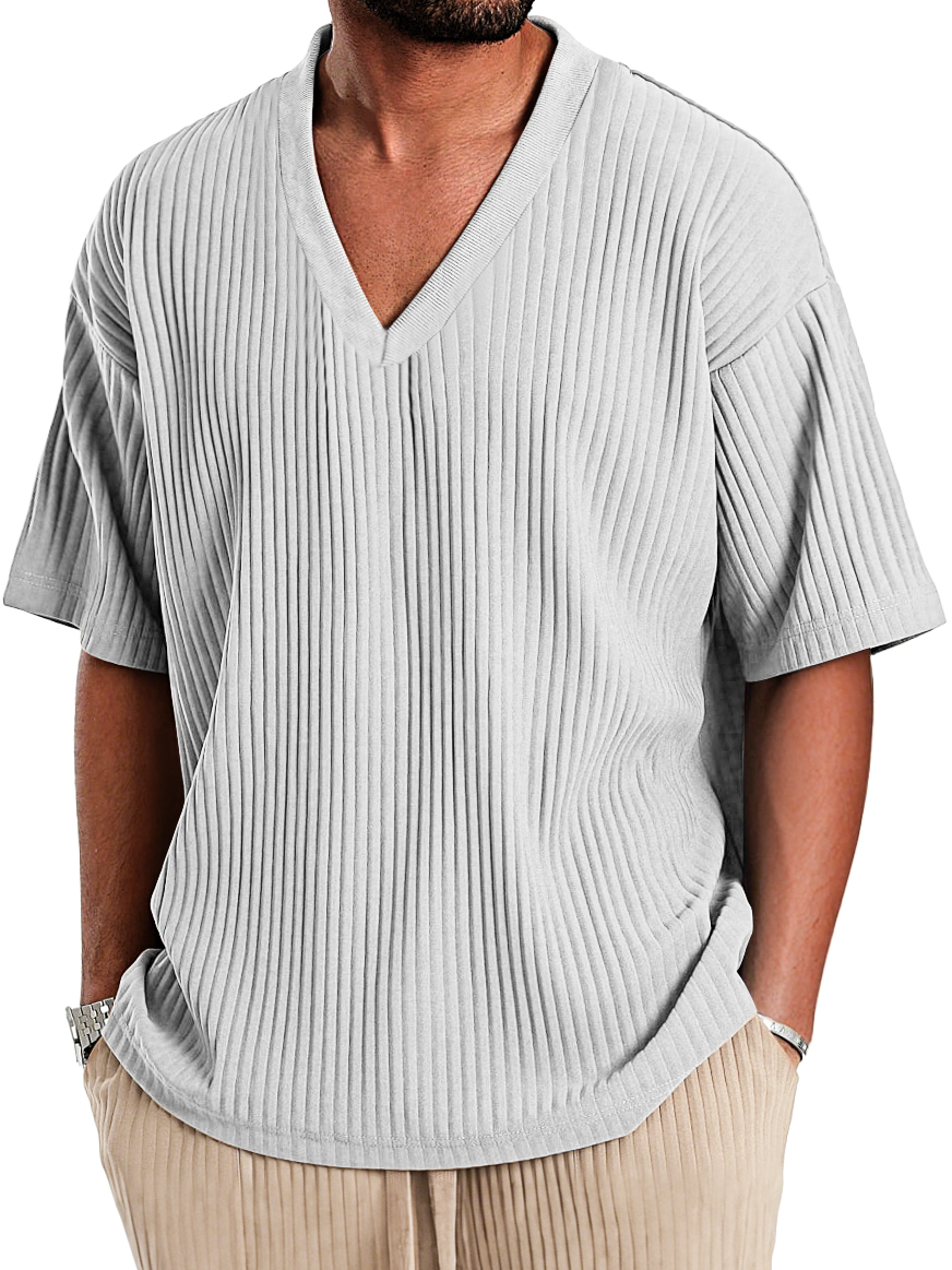 Men's Casual V-neck Ribbed Comfortable Short-sleeved T-shirt