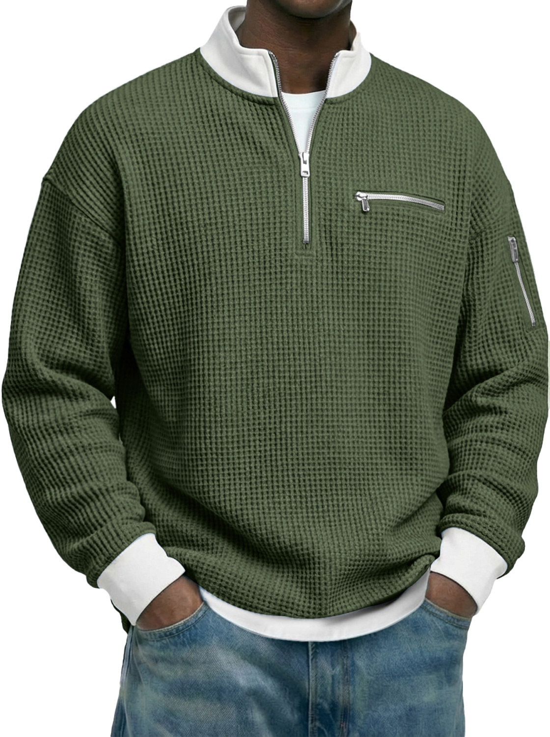 Men's Waffle-knit Stand-collar Color-block Zippered Casual Long-sleeved T-shirt