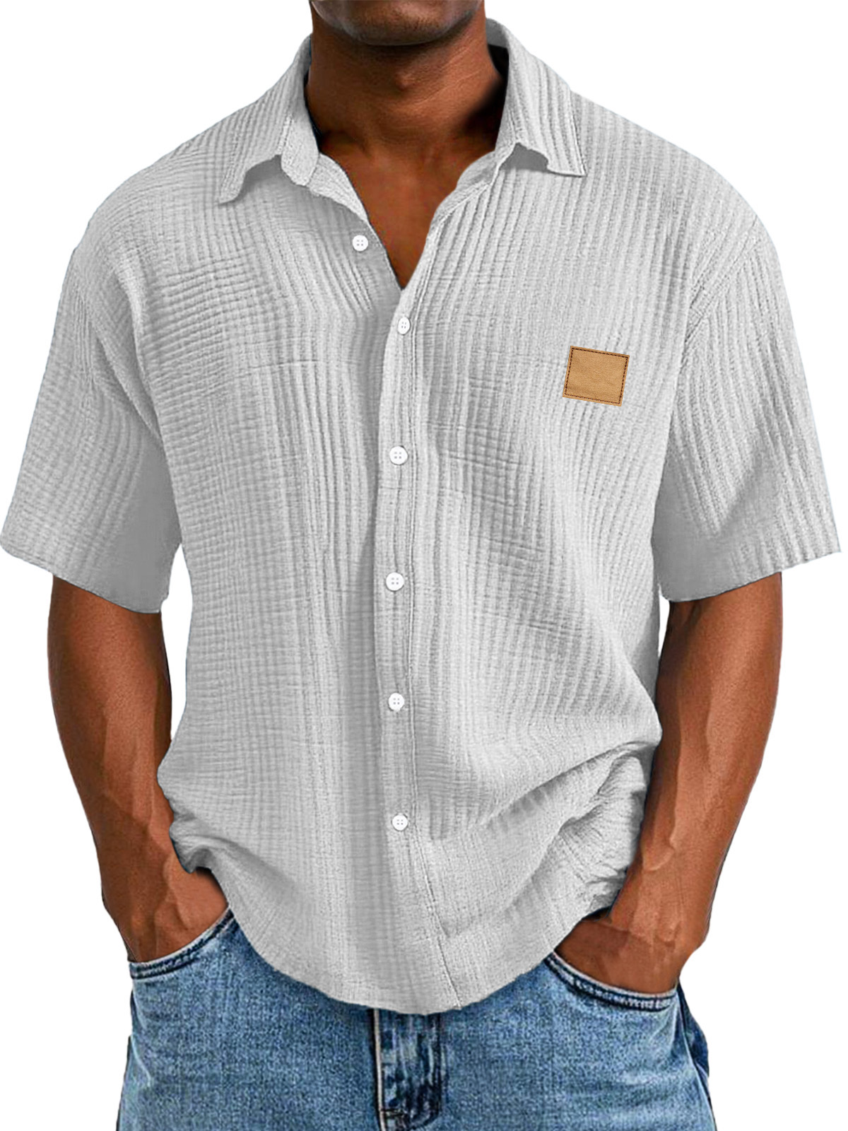 Men's Casual Retro Textured Logo Short Sleeve Lapel Shirt