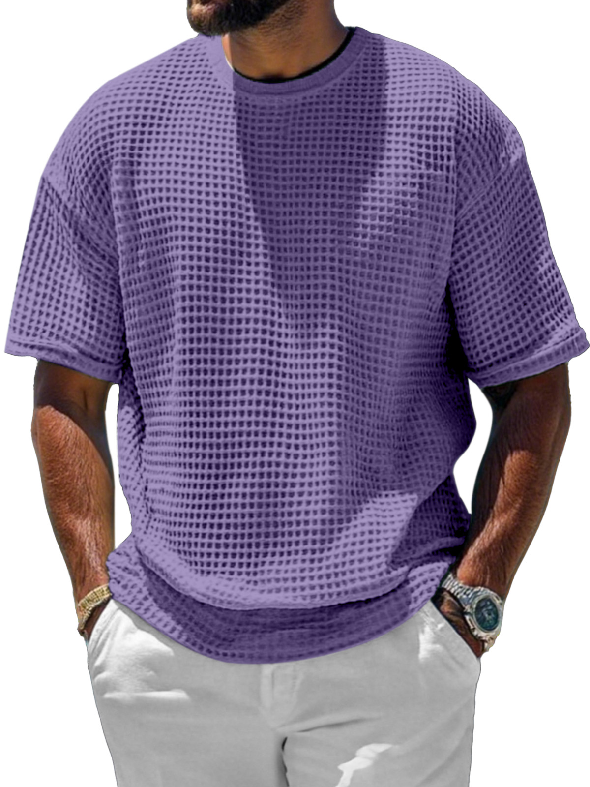 Men's Casual And Comfortable Short-sleeved Solid Color Waffle Round Neck T-shirt