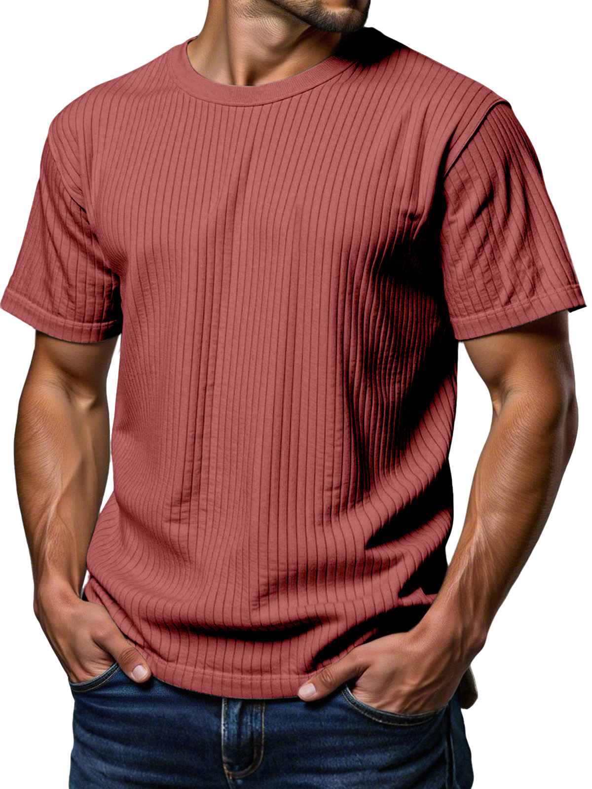 Men's Daily Loose Vertical Texture Round Neck Short-sleeved T-shirt