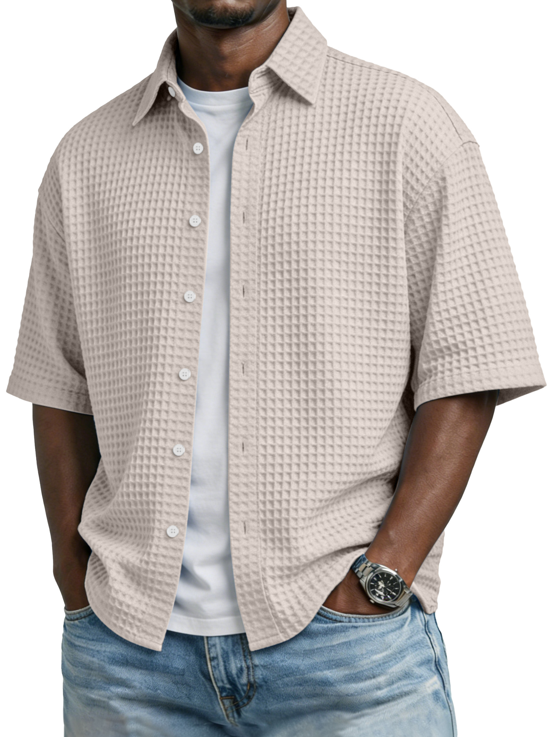 Men's Simple Solid-color Waffle-knit Lapel Casual Short-sleeved Shirt