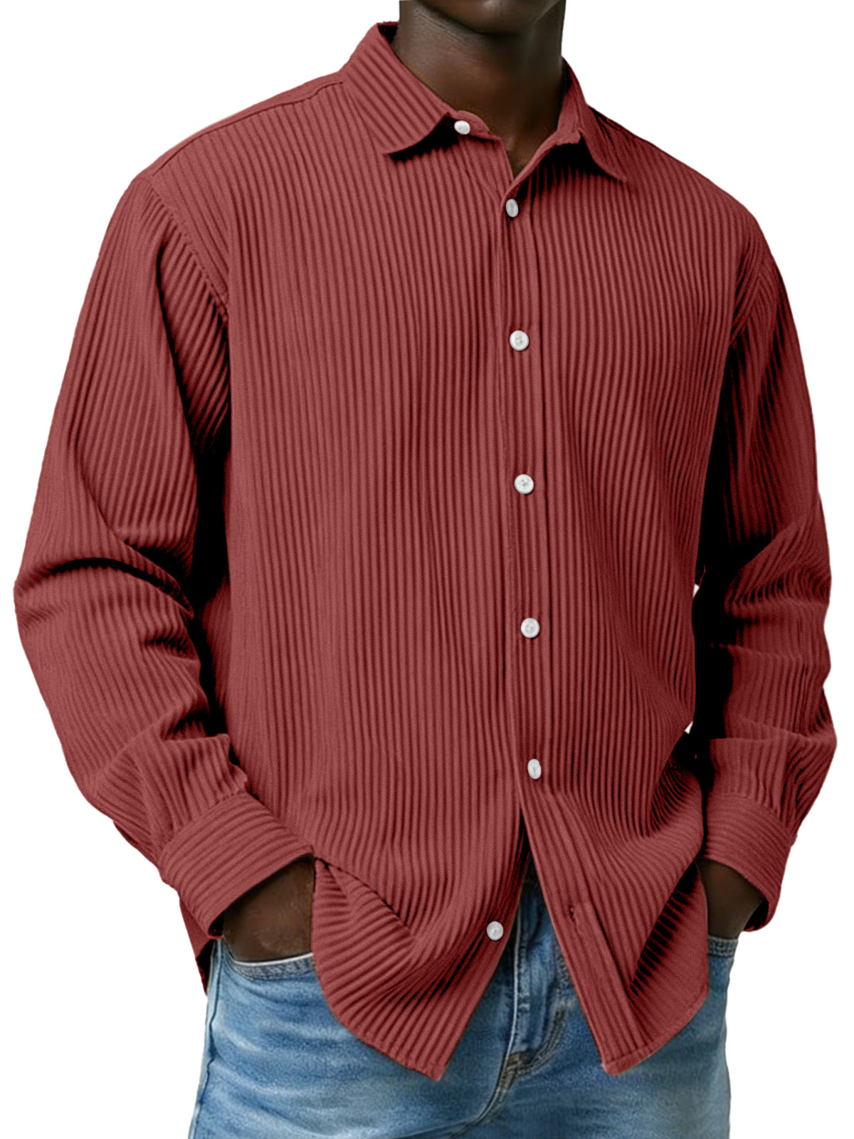 Men's Simple Solid Color Ribbed Long-sleeved Collared Shirt