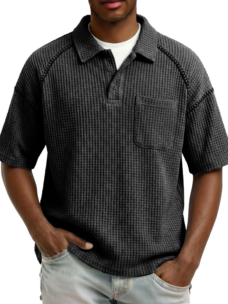 Men's Fashion Retro Raglan Waffle Gown Short-Sleeve Polo Shirt